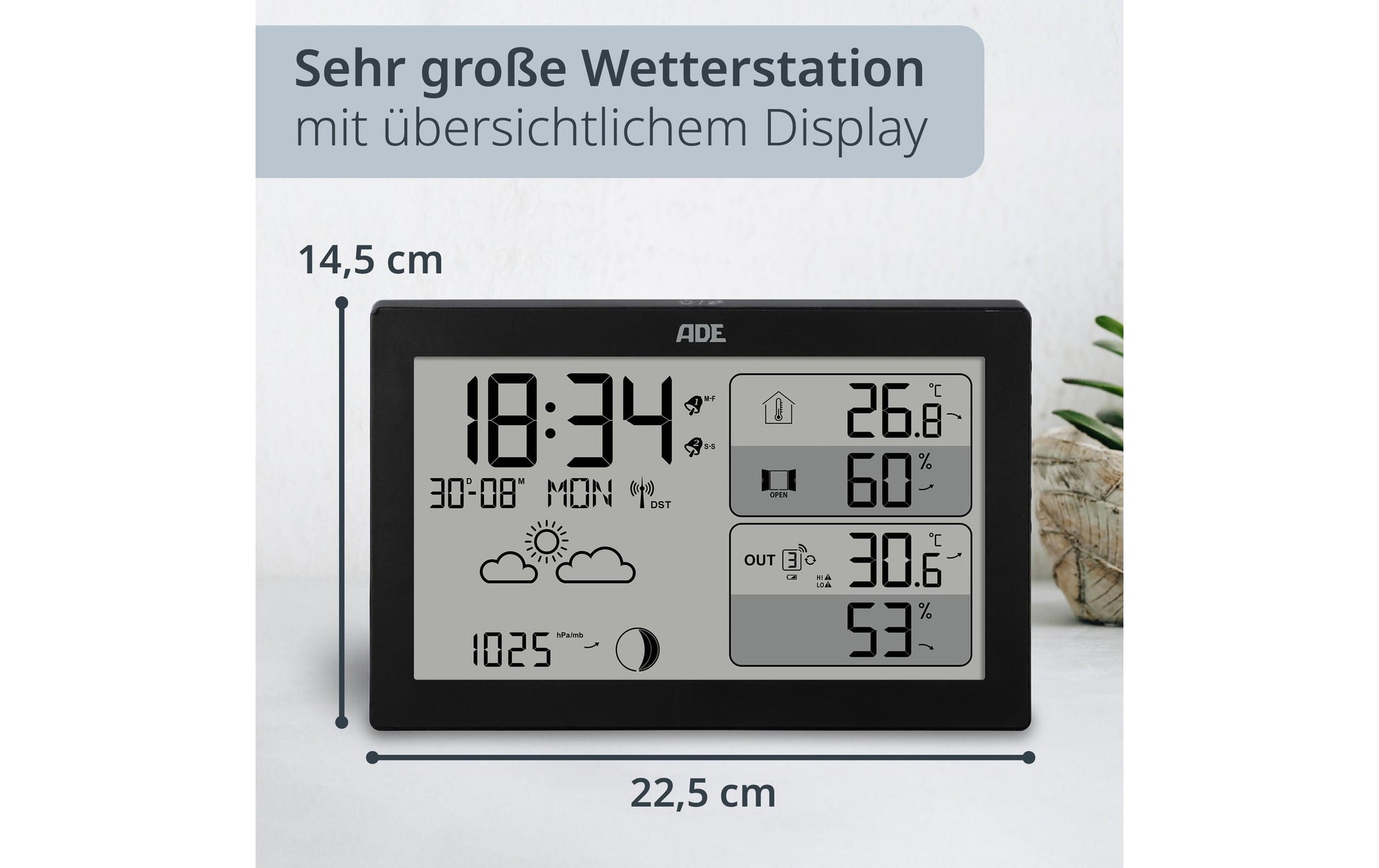 ADE WS2325 – Wetterstation, inkl. Funk-Aussensensor, Display, Wecker – Schwarz (2er-Pack)