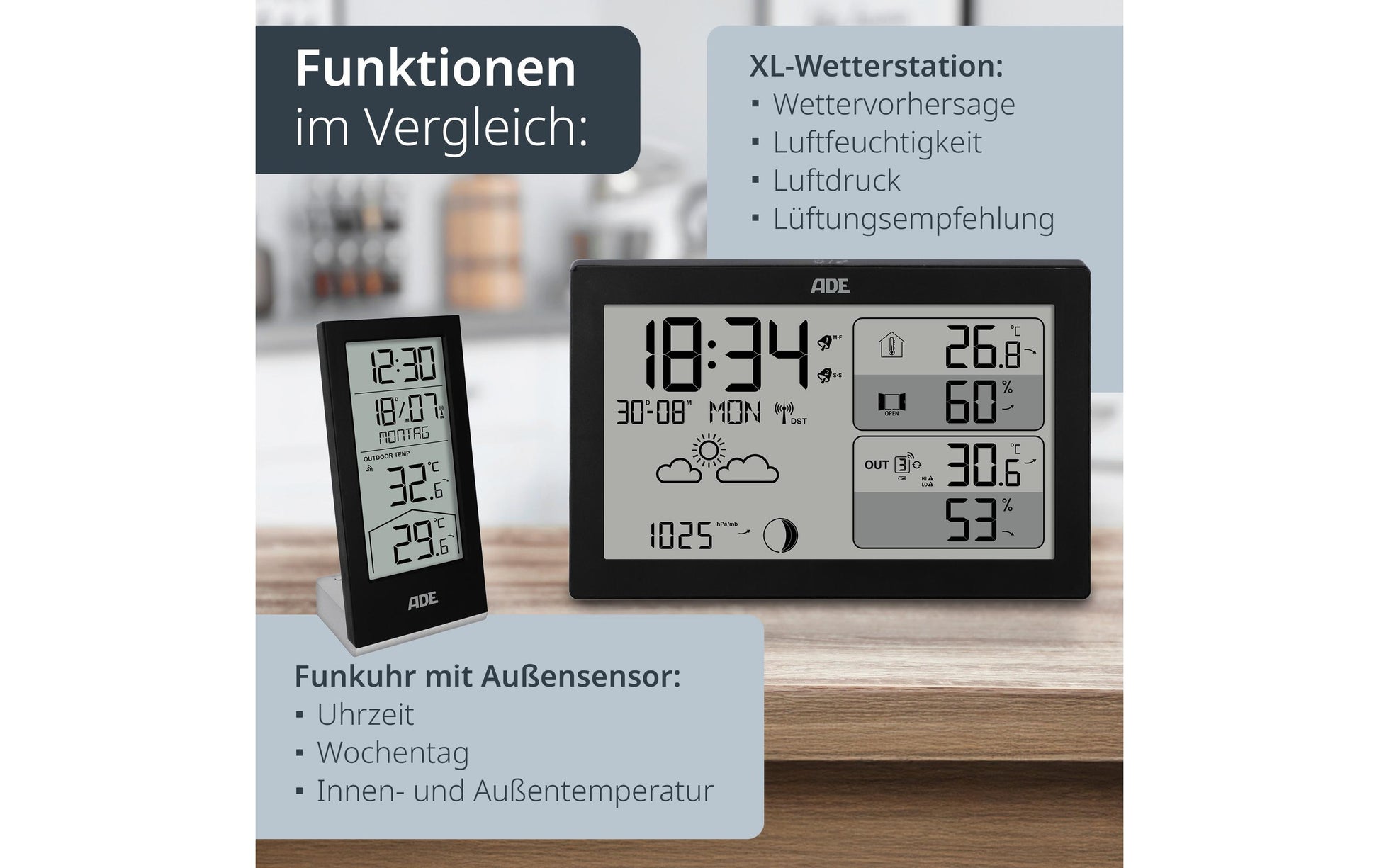 ADE WS2325 – Wetterstation, inkl. Funk-Aussensensor, Display, Wecker – Schwarz (2er-Pack)