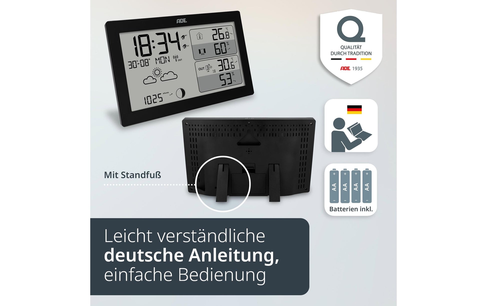ADE WS2325 – Wetterstation, inkl. Funk-Aussensensor, Display, Wecker – Schwarz (2er-Pack)