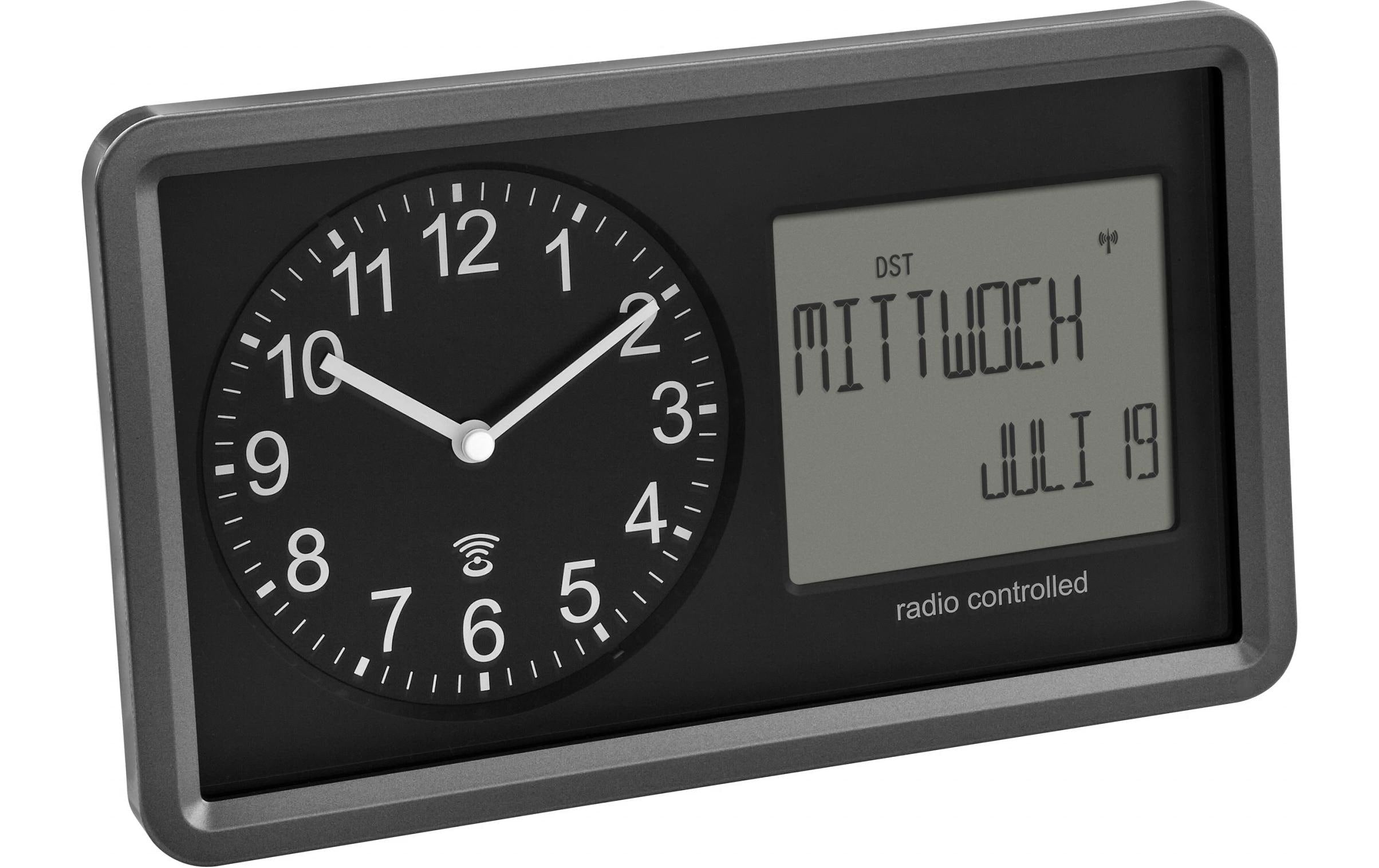 TFA-Dostmann TFA Dostmann Wanduhr Digital – Funk – 9,7 × 15 × 25,4 cm, Schwarz, Kunststoff, Kalender