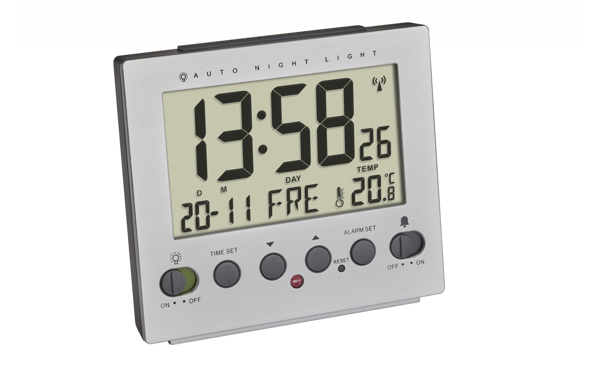 TFA-Dostmann TFA Dostmann Funkwecker – digital – 9 × 4,2 × 9,9 cm, silber, Kunststoff, Thermometer, Alarm