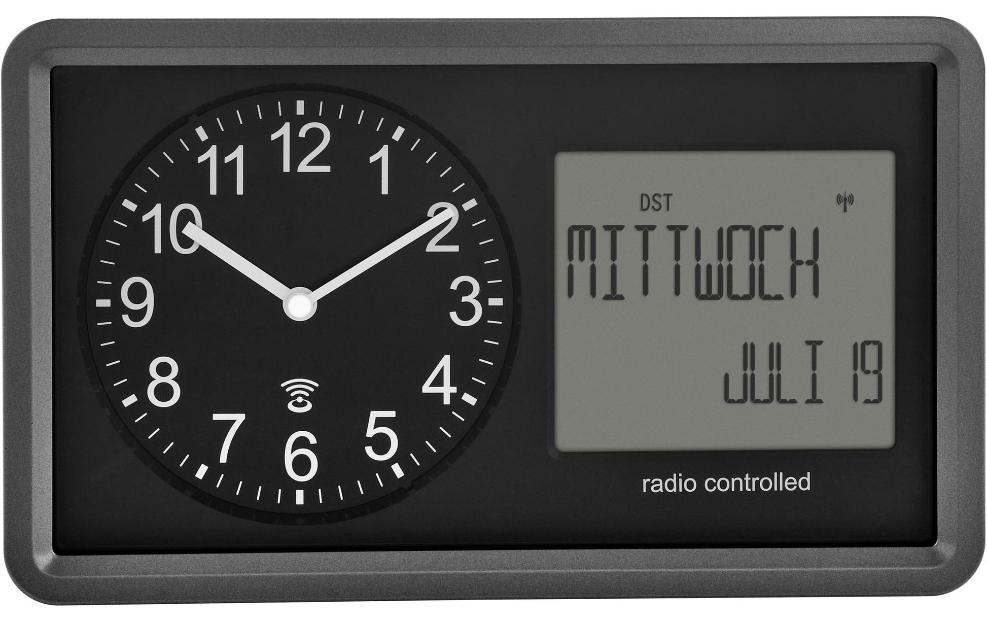 TFA-Dostmann TFA Dostmann Wanduhr Digital – Funk – 9,7 × 15 × 25,4 cm, Schwarz, Kunststoff, Kalender