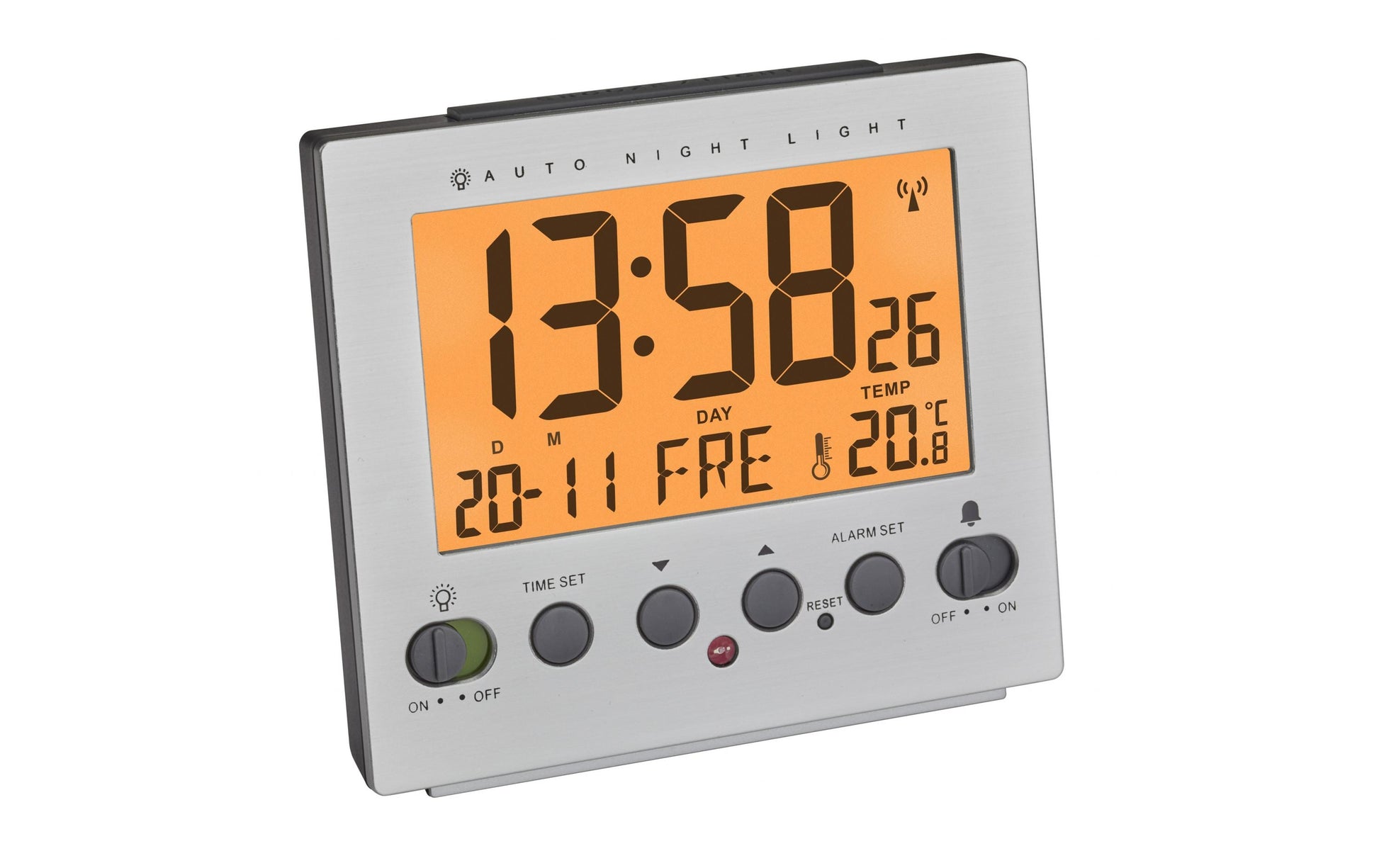 TFA-Dostmann TFA Dostmann Funkwecker – digital – 9 × 4,2 × 9,9 cm, silber, Kunststoff, Thermometer, Alarm