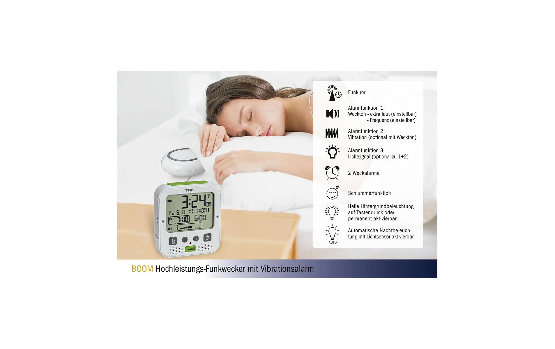 TFA-Dostmann TFA Dostmann Wecker BOOM Funk – digital – 6,5 × 12,2 × 11,0 cm, weiss, Kunststoff, Projektor