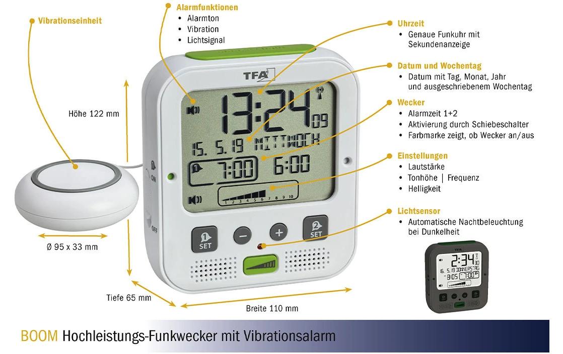 TFA-Dostmann TFA Dostmann Wecker BOOM Funk – digital – 6,5 × 12,2 × 11,0 cm, weiss, Kunststoff, Projektor