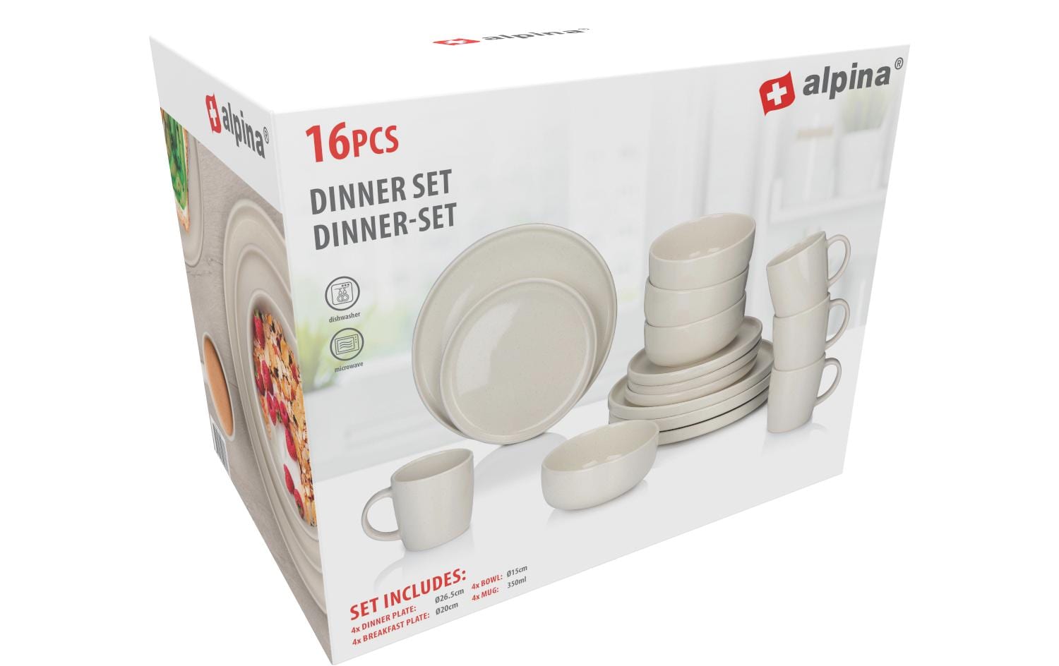 Alpina Geschirrset – 16-teiliges Set, Steinzeug, Creme