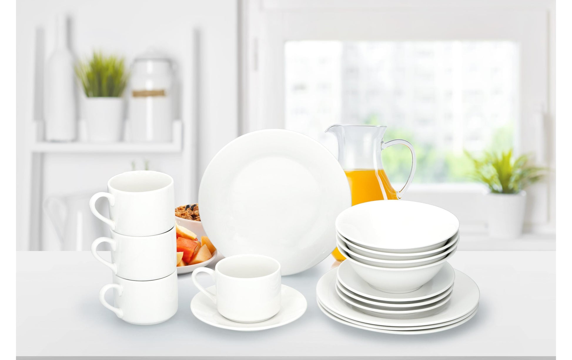 Alpina Geschirrset Frühstück – 16-teiliges Set, Porzellan, Weiss