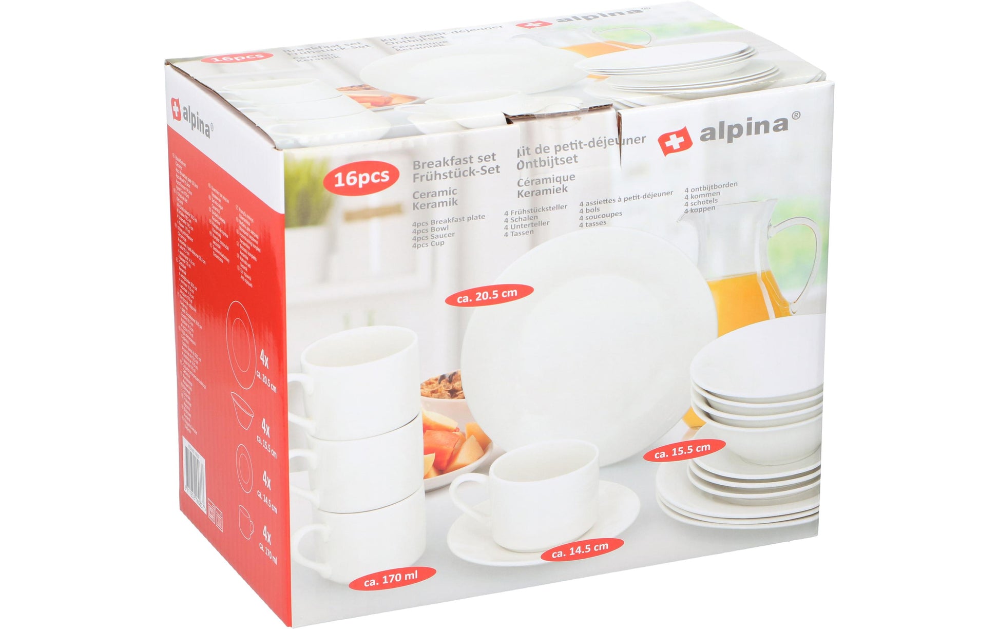 Alpina Geschirrset Frühstück – 16-teiliges Set, Porzellan, Weiss