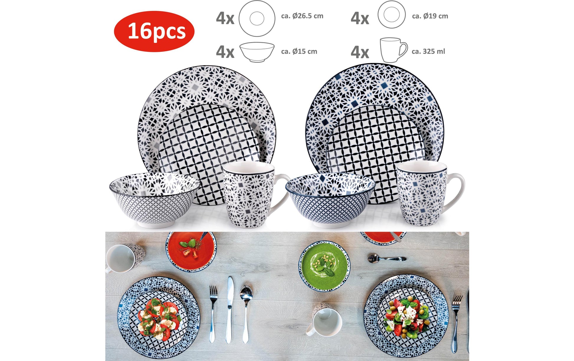 Alpina Geschirrset mit Muster – 16-teiliges Set, Ø 25,5 cm, Porzellan, Weiss/Grau