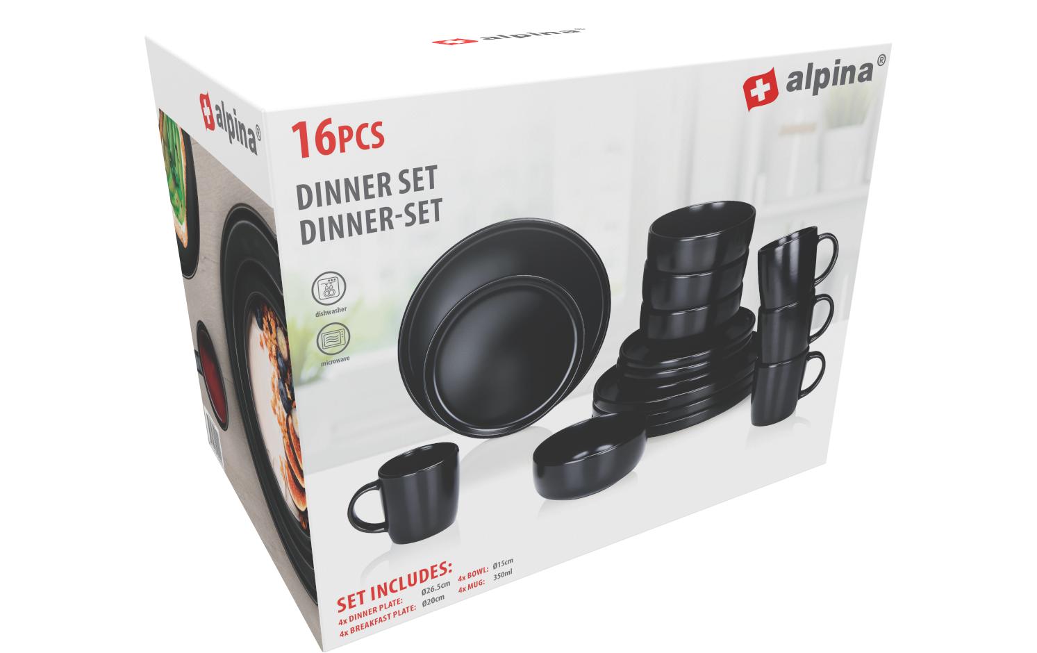 Alpina Geschirrset – 16-teiliges Set, Steinzeug, Schwarz