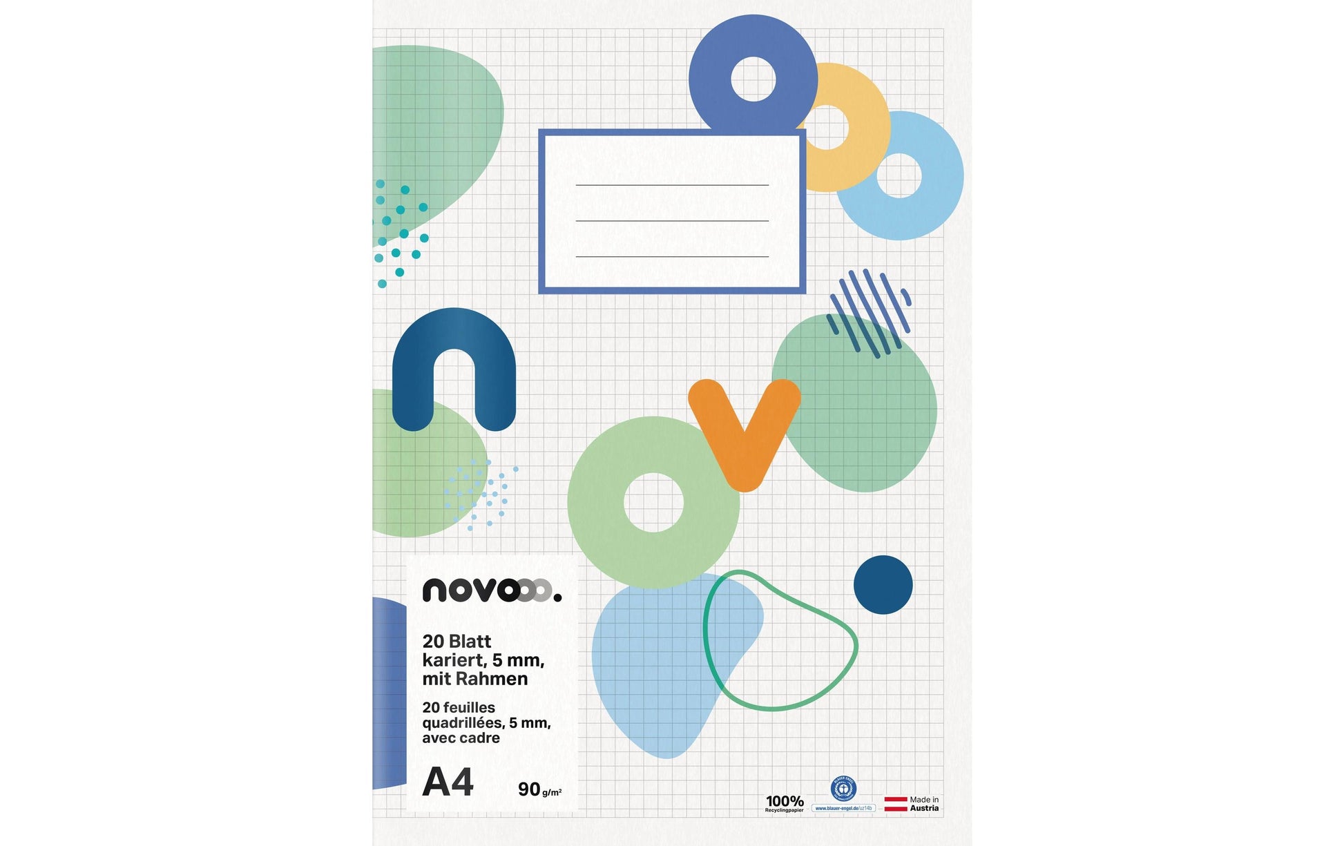 novooo. Schulheft A4, kariert, Klammerheftung, 40 Seiten, 90 g/m² – blau, Muster