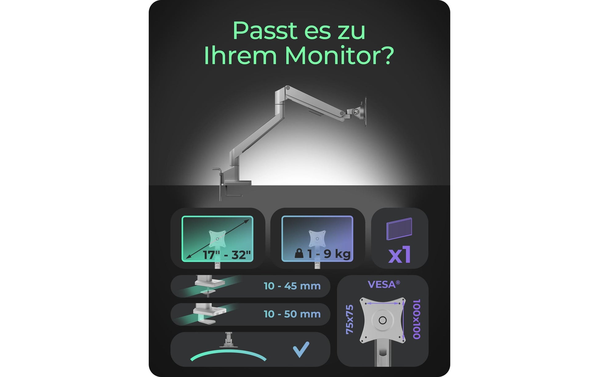ICY BOX IB-MS523-T – Monitorarm Tischhalterung – Klemme/Durchführung – 1 Monitor – 17–32" – VESA 75×75/100×100