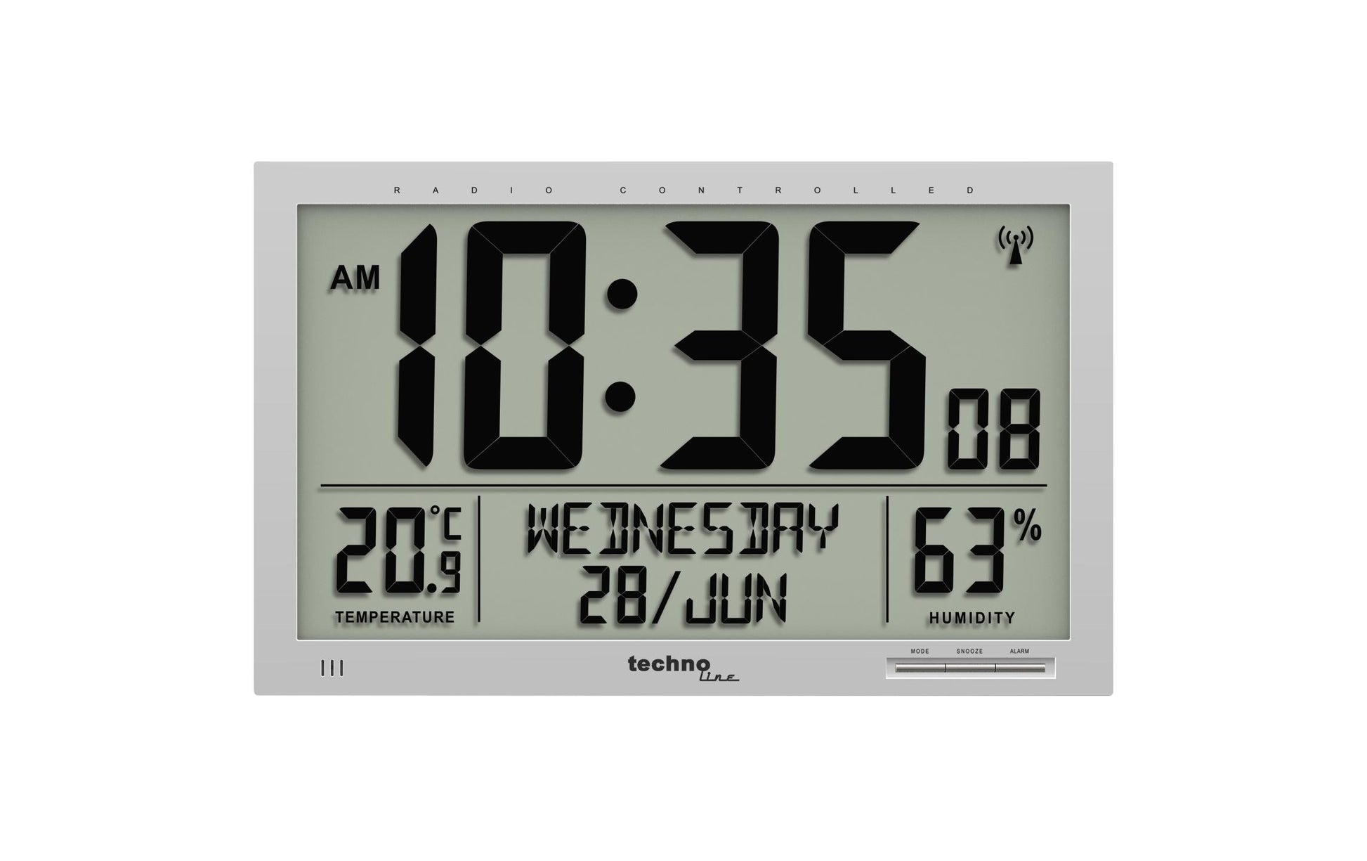 Technoline Digitale Wanduhr WS8013 – Funkgesteuert – 36,9 × 27 × 0,2 cm, Grau, Kunststoff