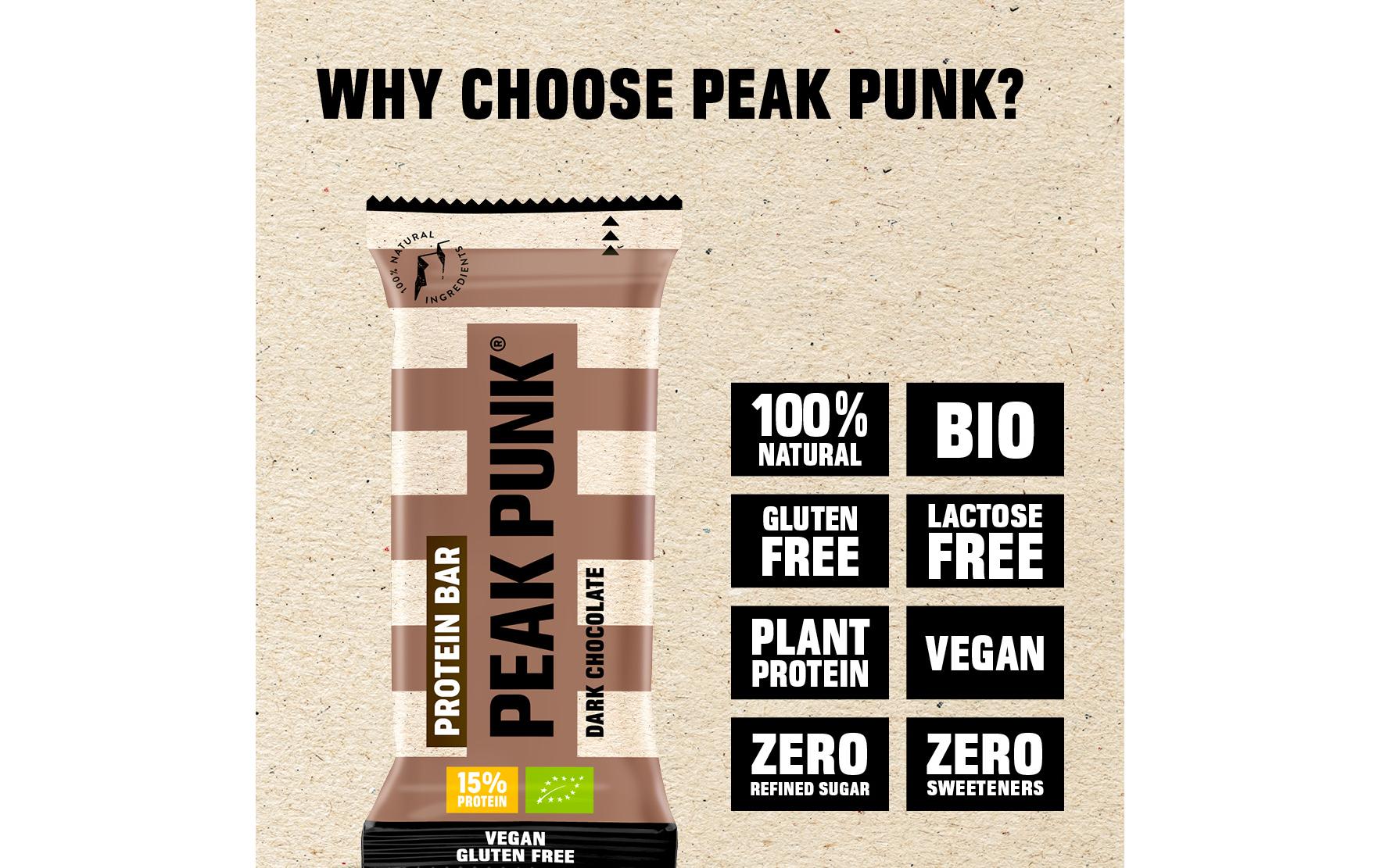 Peak punk Protein-Riegel – Dunkle Schokolade, Bio, Glutenfrei – 12 × 55 g