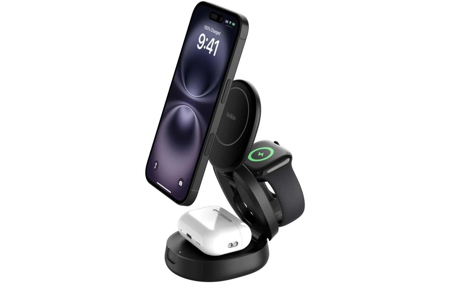 Belkin BoostCharge Z-Fold 3-in-1 Ladeständer – Qi2 – 15 W – für Qi2 Geräte – Schwarz