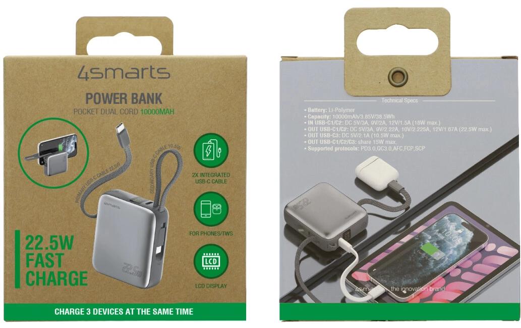 4smarts Powerbank 10000 mAh, PD 22,5 W, mit integriertem Ladekabel, für Smartphones, grau