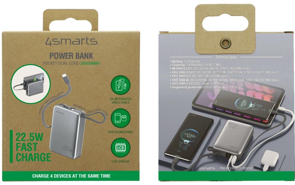 4smarts Powerbank 20000 mAh, PD 22,5 W, für Smartphones, Grau