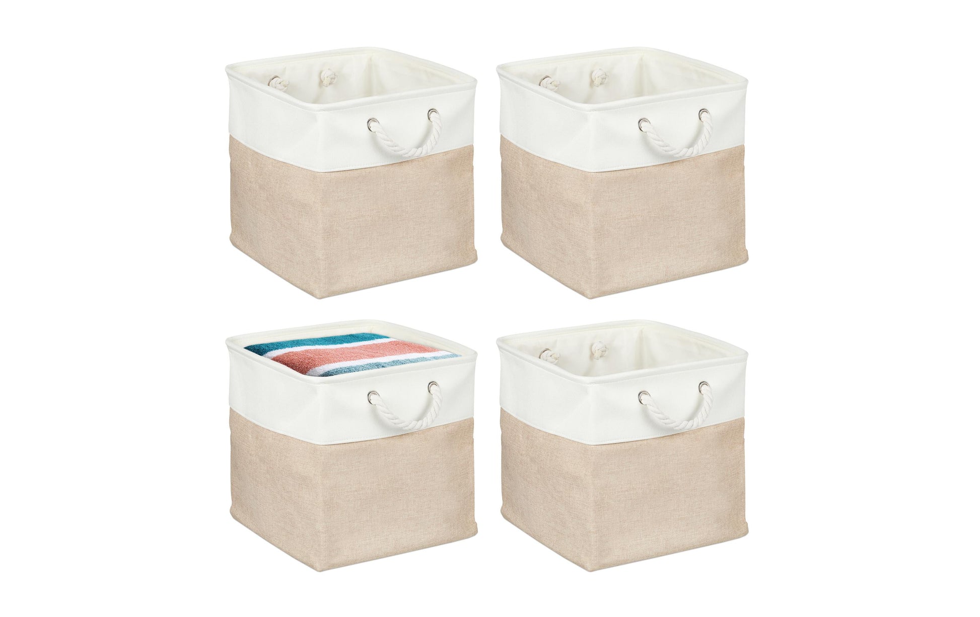 Relaxdays Aufbewahrungsbox ohne Deckel – Leinen/Textil – Weiss – mit Griff, 4 Stück – 330 × 330 × 330 mm