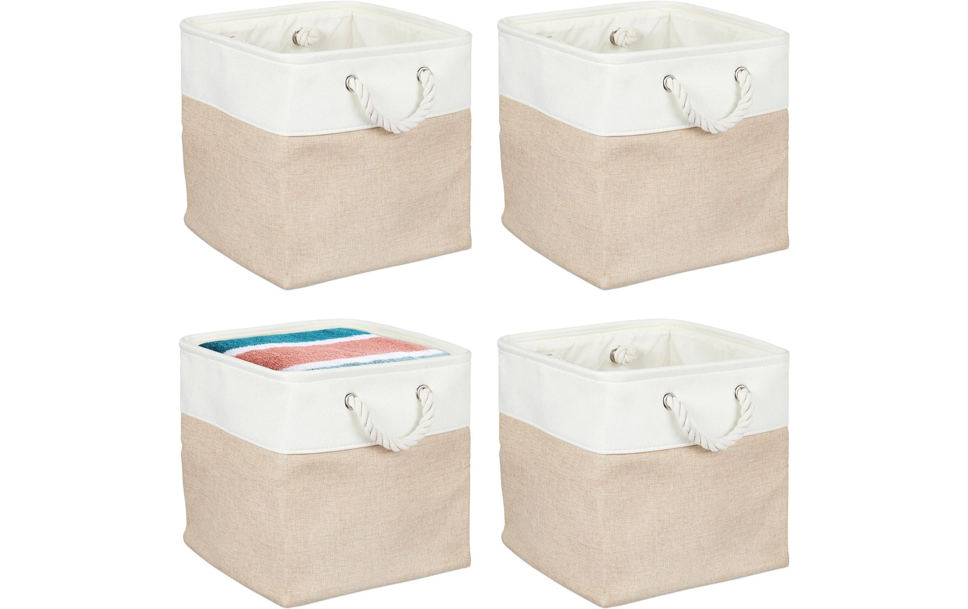Relaxdays Aufbewahrungsbox ohne Deckel – Leinen – Beige/Weiss – 300 × 300 × 300 mm – mit Griffen – 4 Stück