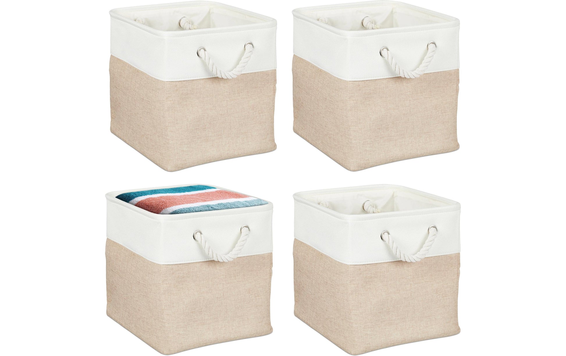 Relaxdays Aufbewahrungsbox ohne Deckel – Leinen – Weiss/Beige – 280 × 280 × 280 mm – 4-teiliges Set, mit Griff
