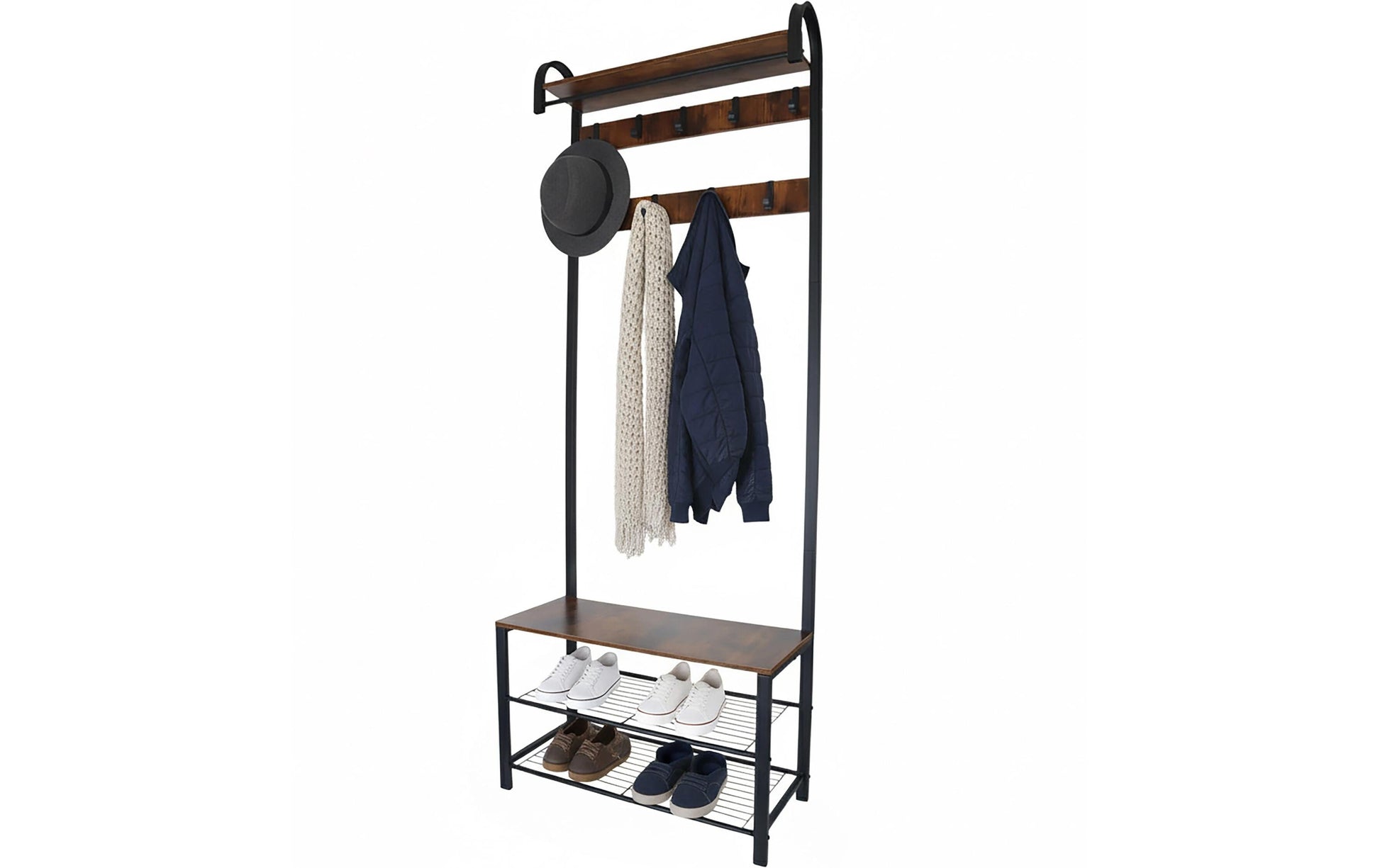 Relaxdays Garderobe mit Schuhregal – Stahl/MDF, Schwarz/Dunkelbraun, 69 × 30 × 182 cm, Traglast 95 kg