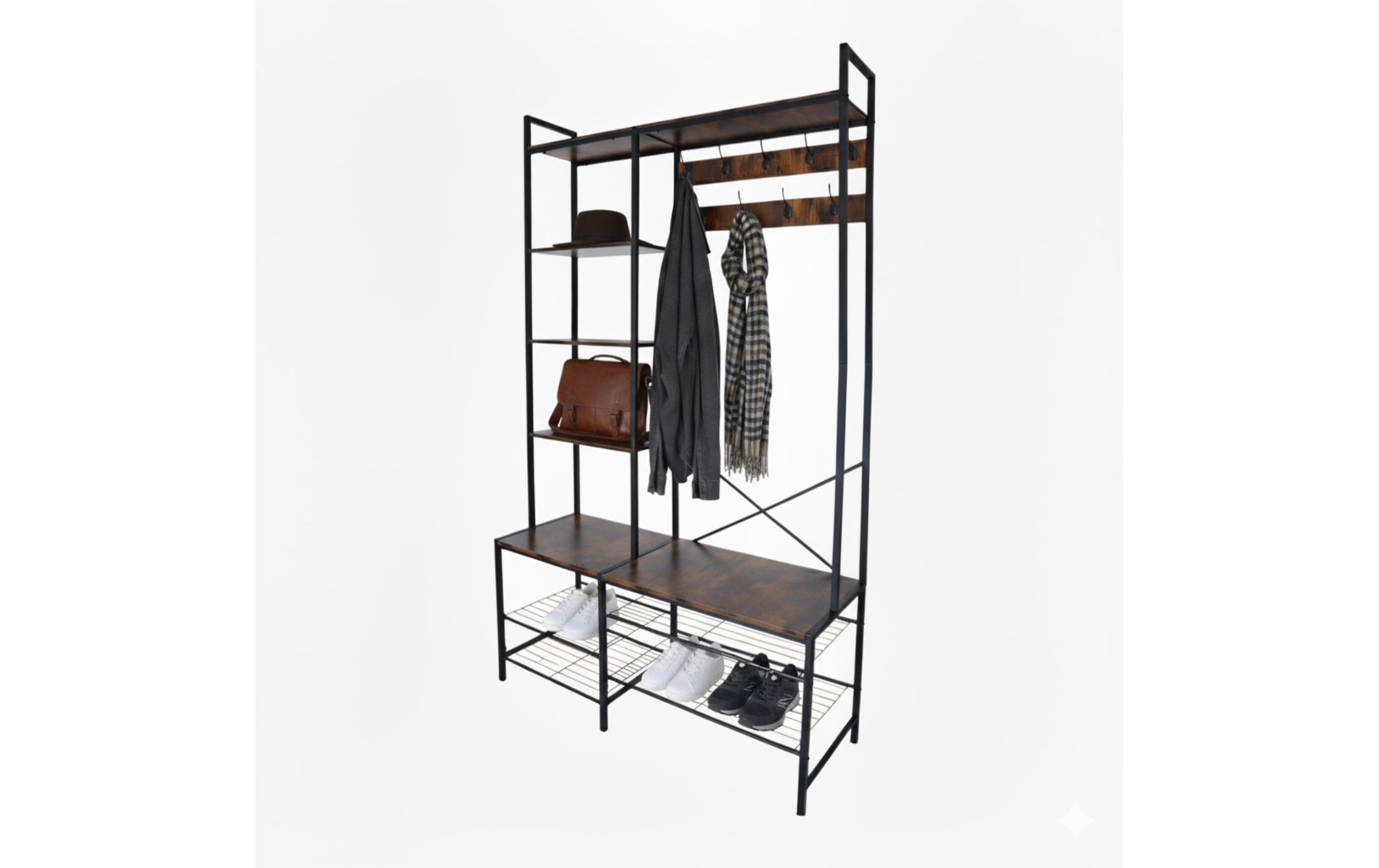 Relaxdays Garderobenständer – Stahl/MDF, Schwarz/Dunkelbraun, 120 × 40 × 190 cm