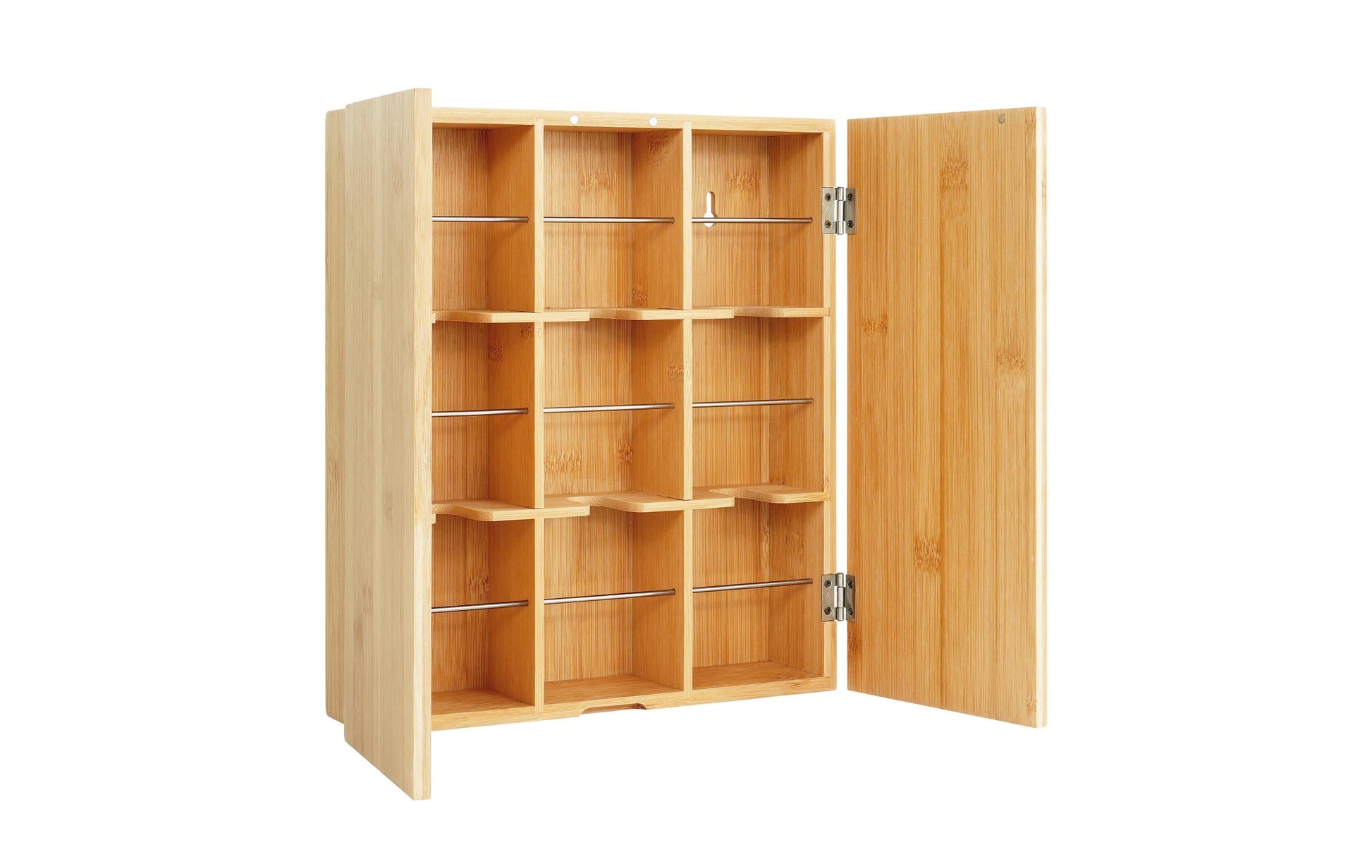 Relaxdays Teebeutelbox Bambus/Edelstahl, 9 Fächer, 26,5 × 7 × 31 cm, Hellbraun
