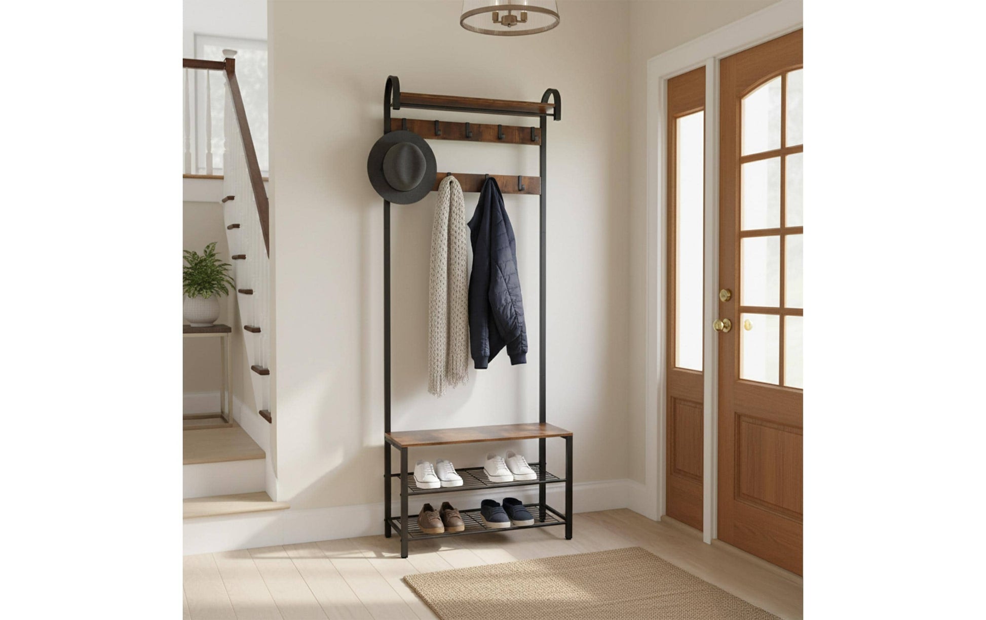 Relaxdays Garderobe mit Schuhregal – Stahl/MDF, Schwarz/Dunkelbraun, 69 × 30 × 182 cm, Traglast 95 kg