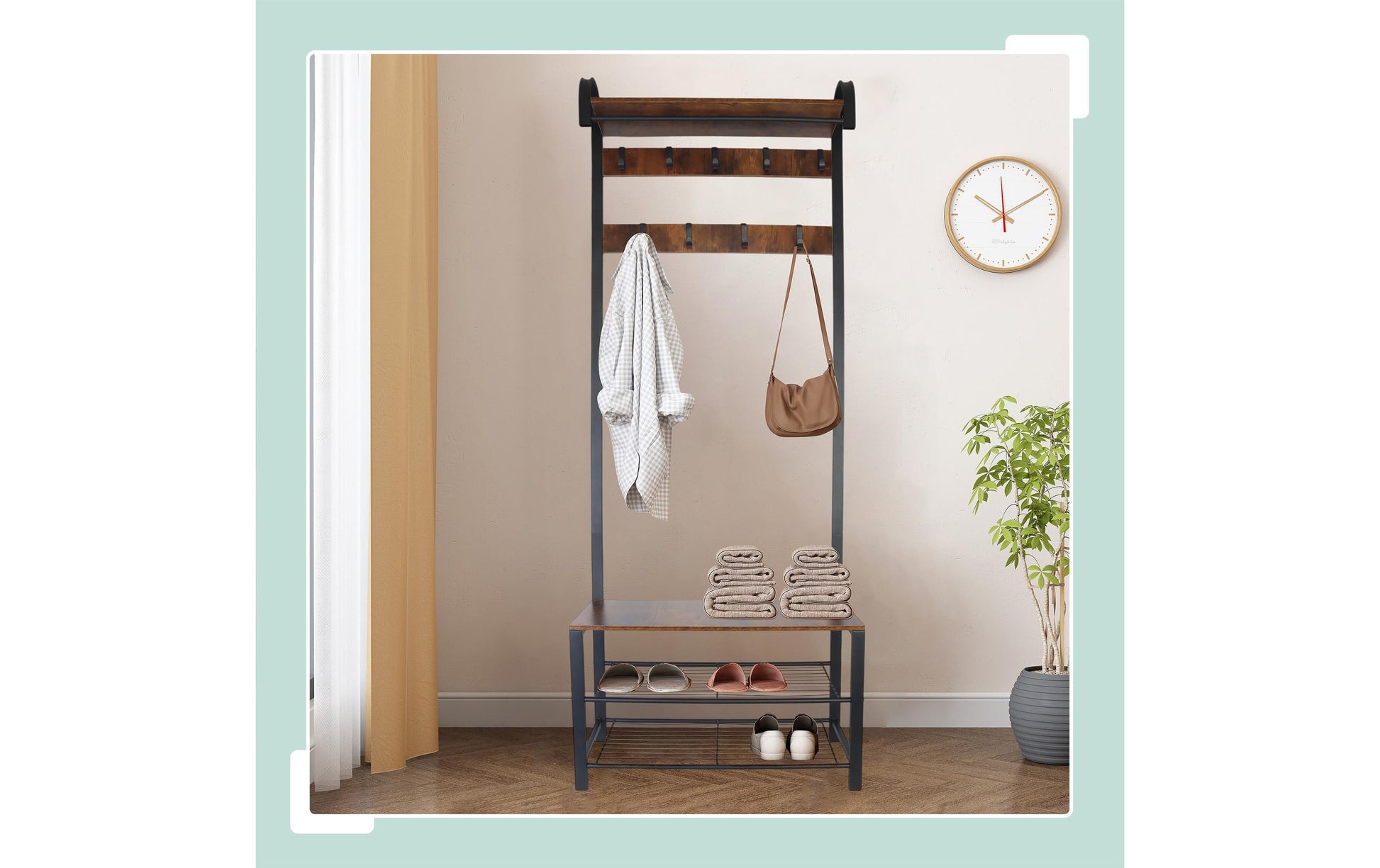 Relaxdays Garderobe mit Schuhregal – Stahl/MDF, Schwarz/Dunkelbraun, 69 × 30 × 182 cm, Traglast 95 kg