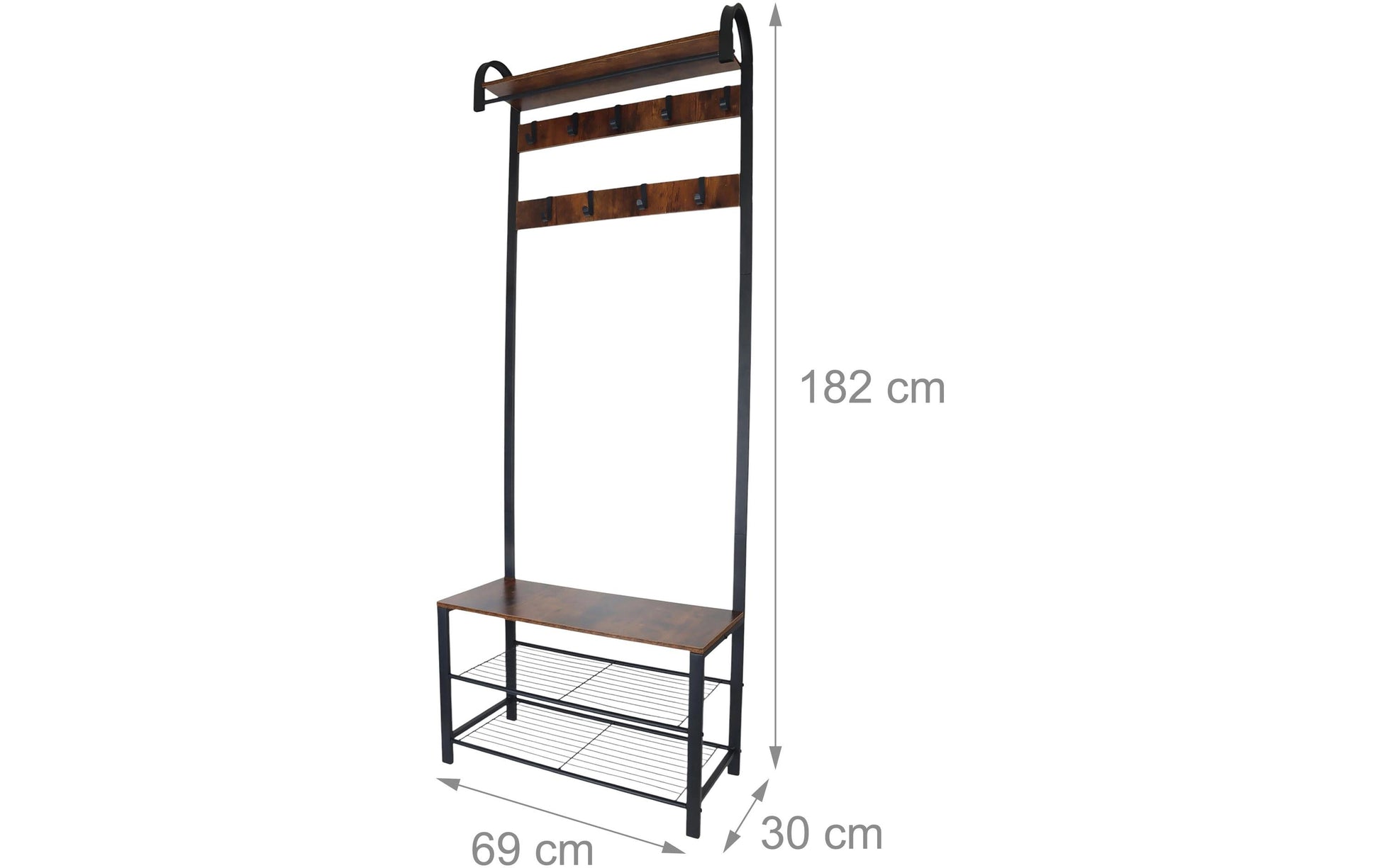 Relaxdays Garderobe mit Schuhregal – Stahl/MDF, Schwarz/Dunkelbraun, 69 × 30 × 182 cm, Traglast 95 kg