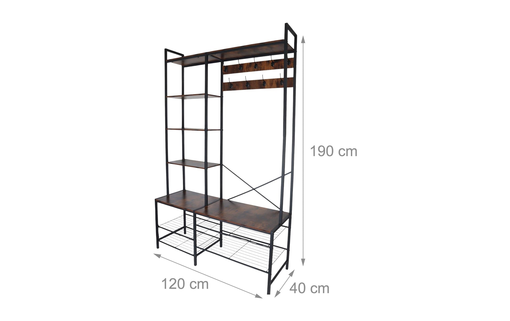 Relaxdays Garderobenständer – Stahl/MDF, Schwarz/Dunkelbraun, 120 × 40 × 190 cm