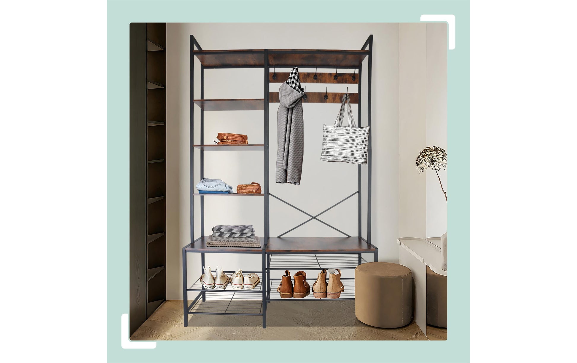 Relaxdays Garderobenständer – Stahl/MDF, Schwarz/Dunkelbraun, 120 × 40 × 190 cm
