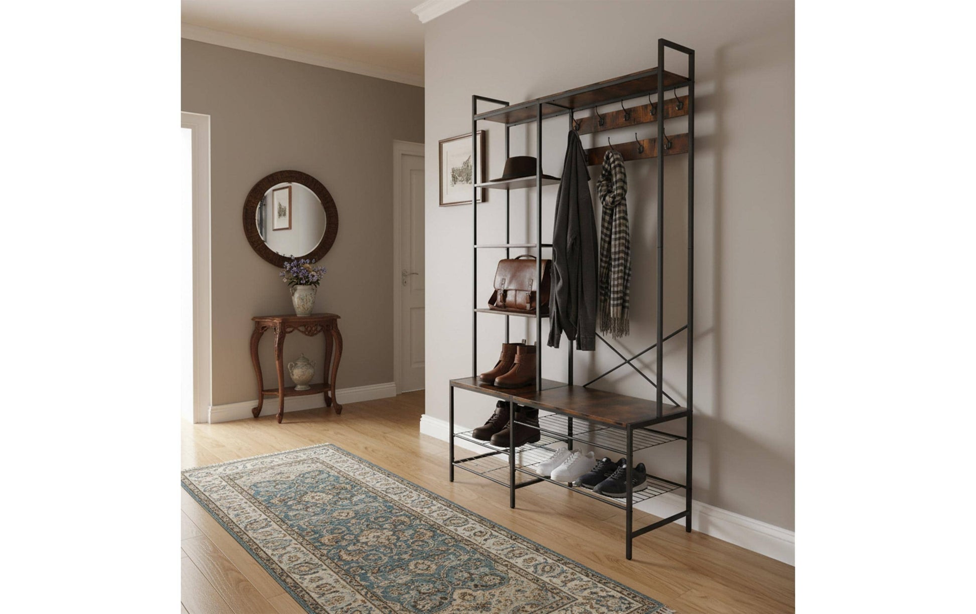 Relaxdays Garderobenständer – Stahl/MDF, Schwarz/Dunkelbraun, 120 × 40 × 190 cm