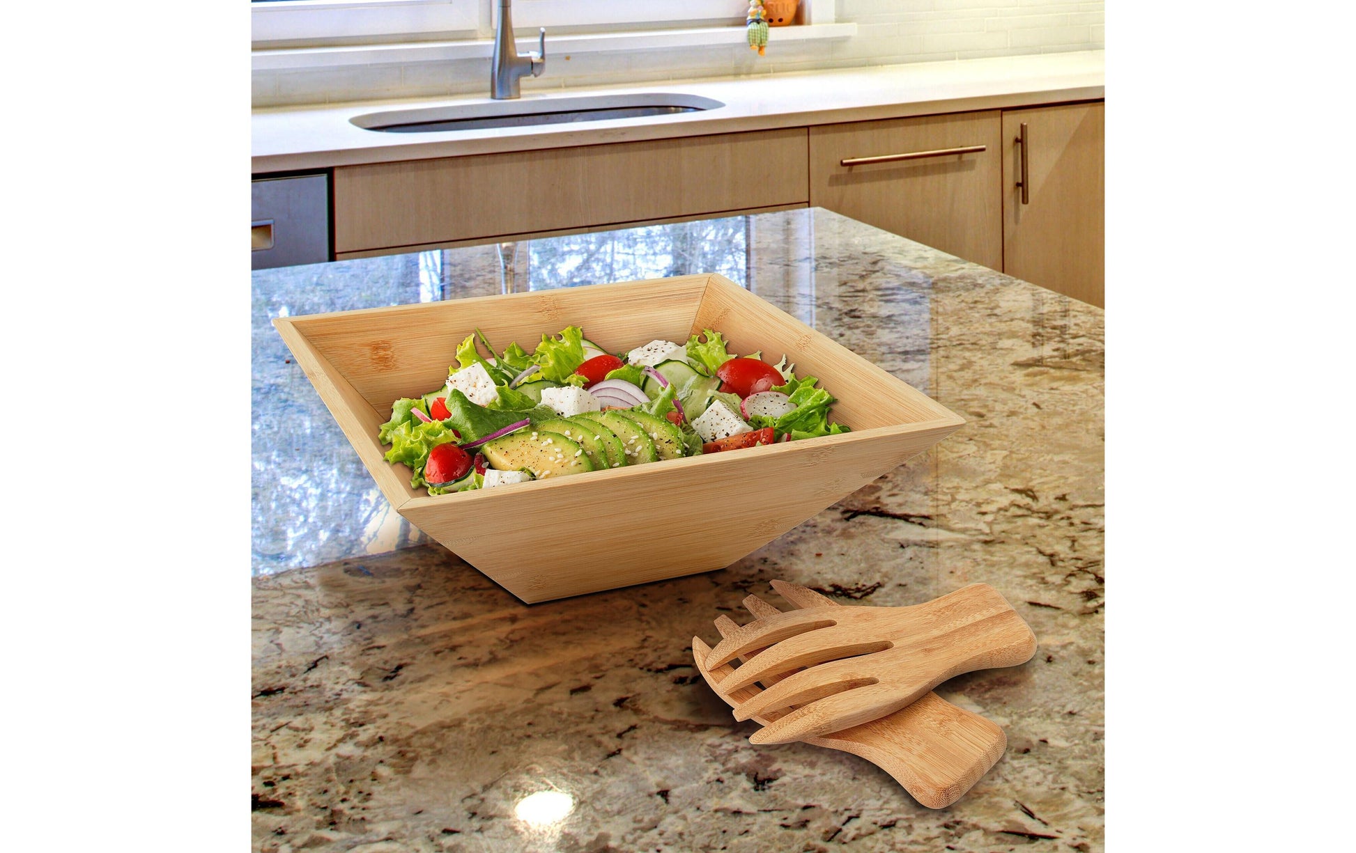 Relaxdays Salatschüssel – 28,0 × 28,0 × 10,0 cm, Bambus, Hellbraun, mit Salatbesteck