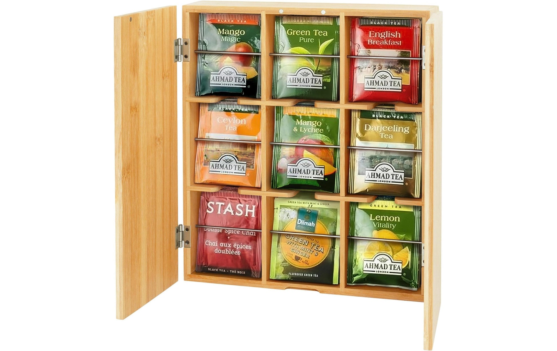Relaxdays Teebeutelbox Bambus/Edelstahl, 9 Fächer, 26,5 × 7 × 31 cm, Hellbraun