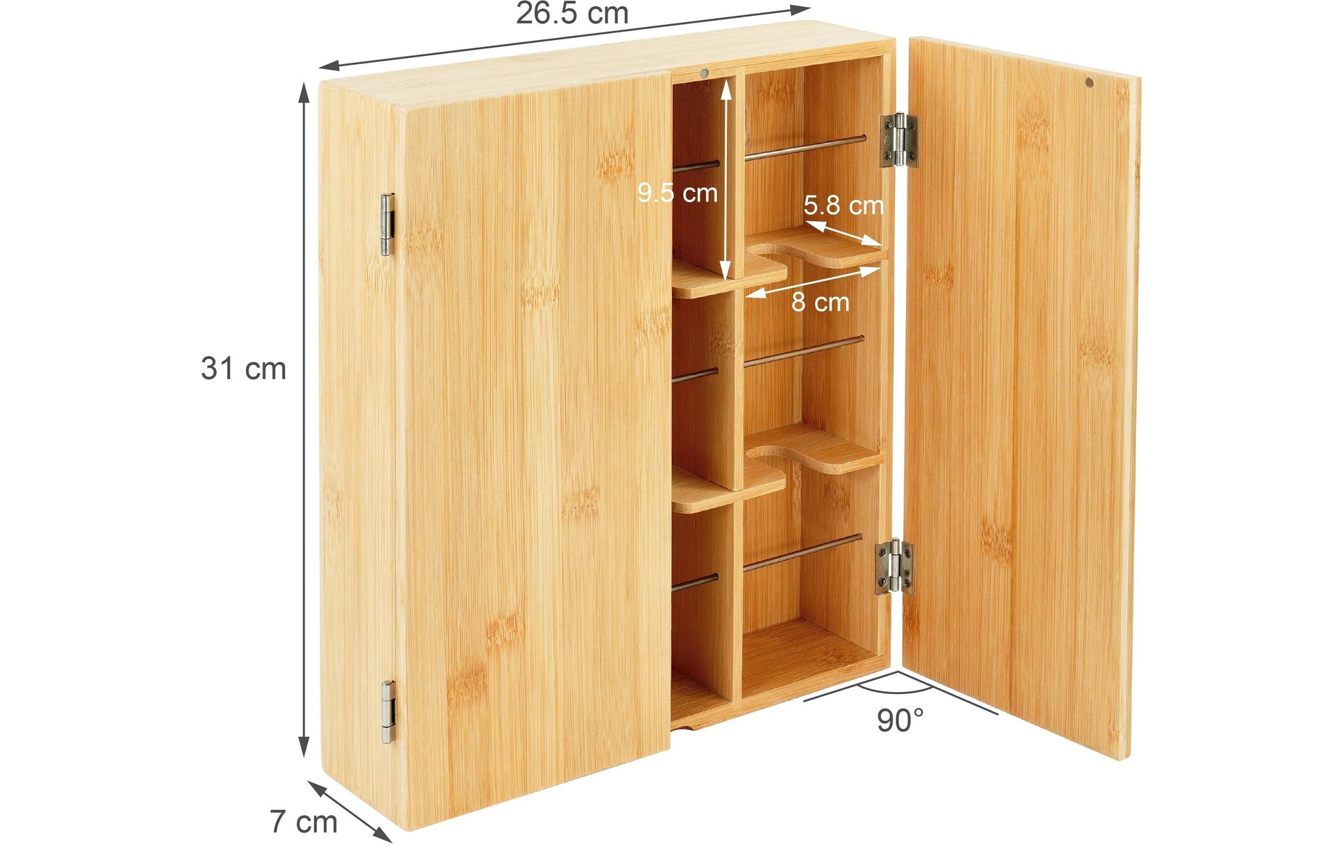 Relaxdays Teebeutelbox Bambus/Edelstahl, 9 Fächer, 26,5 × 7 × 31 cm, Hellbraun