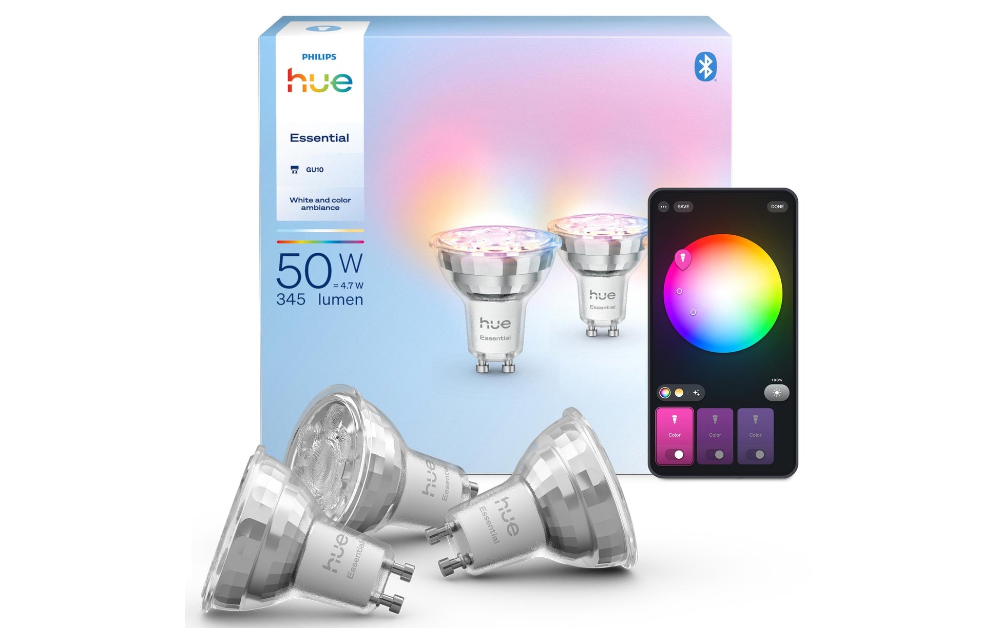 Philips Hue Essential White & Colour LED-Reflektor GU10 3er-Pack – 4,7 W, 345 lm, Mehrfarbig, für Matt
