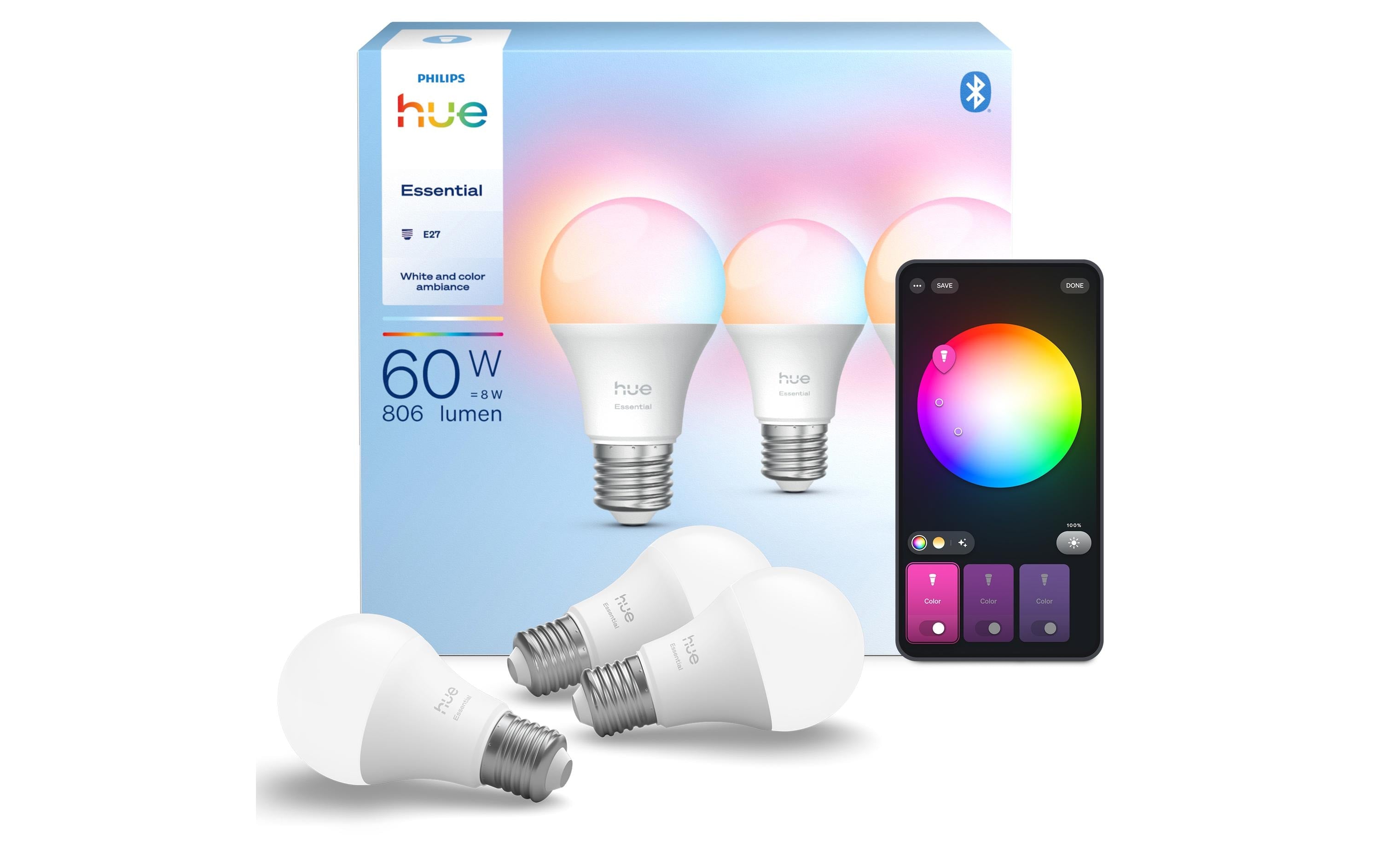 Philips Hue Essential White & Colour LED-Leuchtmittel E27 3er-Pack – 8 W, 806 lm, mehrfarbig, für Zigbee