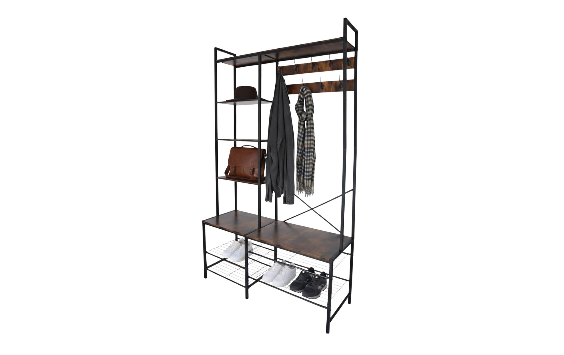 Relaxdays Garderobenständer – Stahl/MDF, Schwarz/Dunkelbraun, 120 × 40 × 190 cm