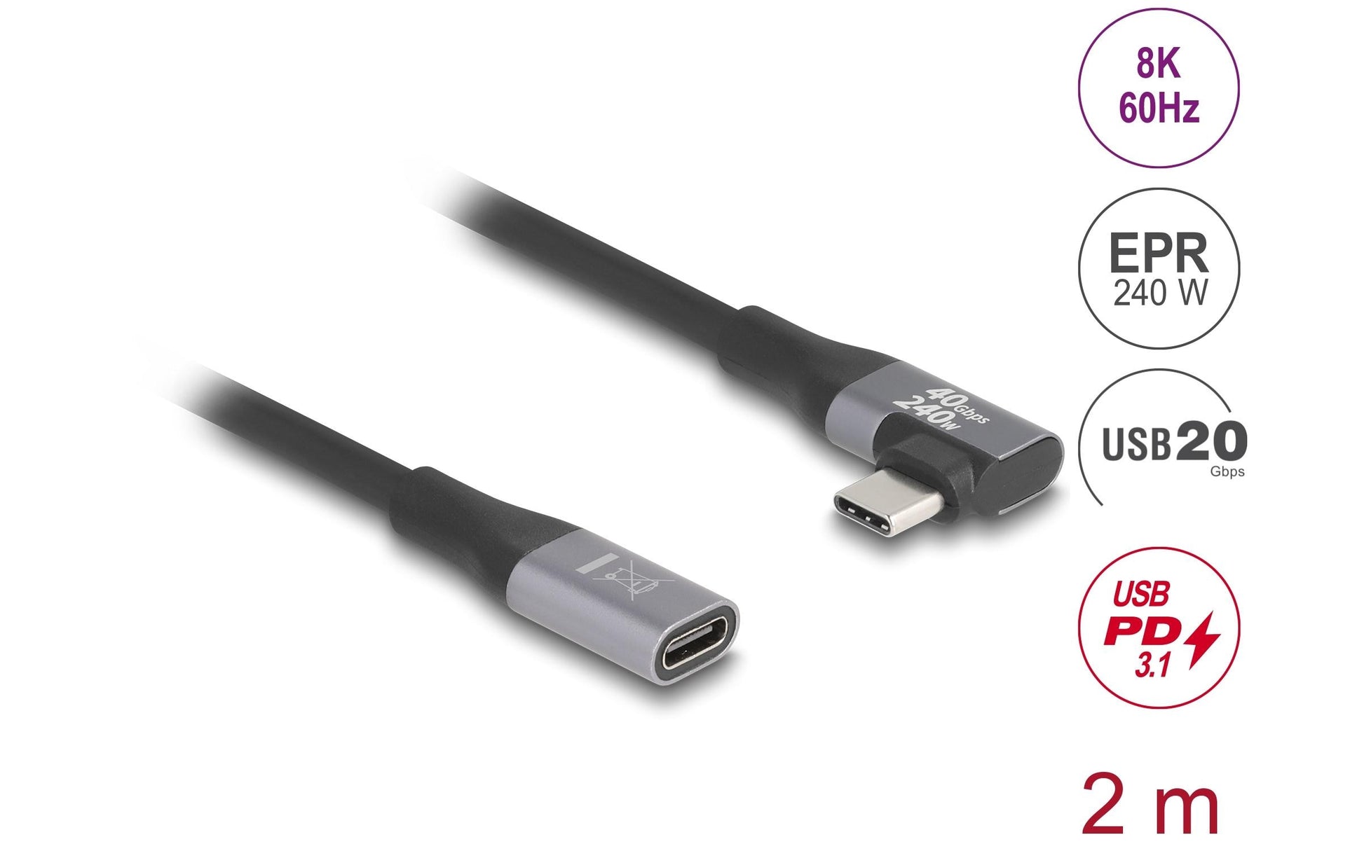 DeLOCK USB-C Verlängerungskabel (Stecker auf Buchse) – USB4 20 Gbit/s – 2 m – PD 240 W – 4K/60 – Schwarz