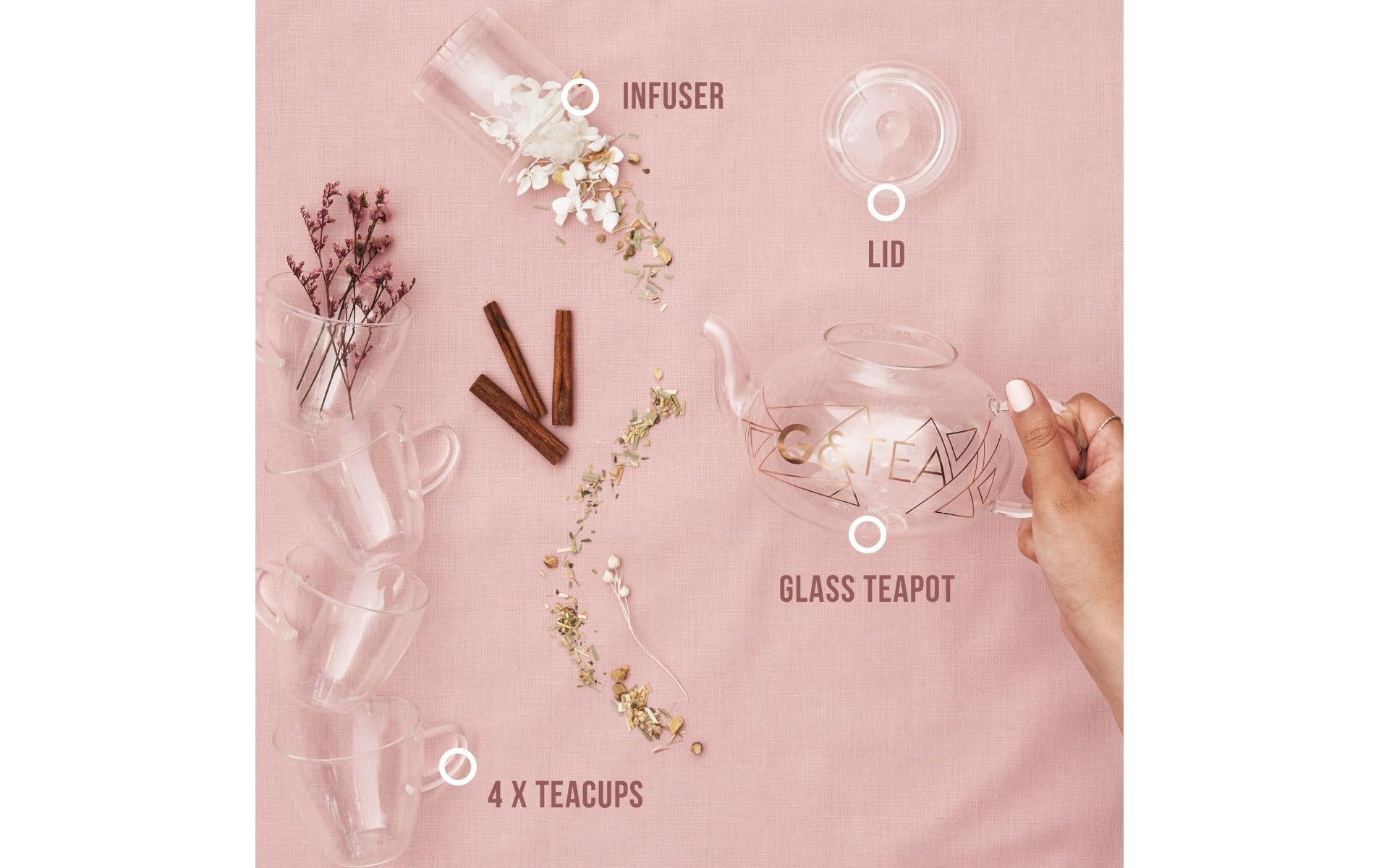 Oak & Steel Teekannenset – 5-teiliges Set, 0,8 l, Glas, Transparent, mit Scharnierdeckel, für Tee, Gin