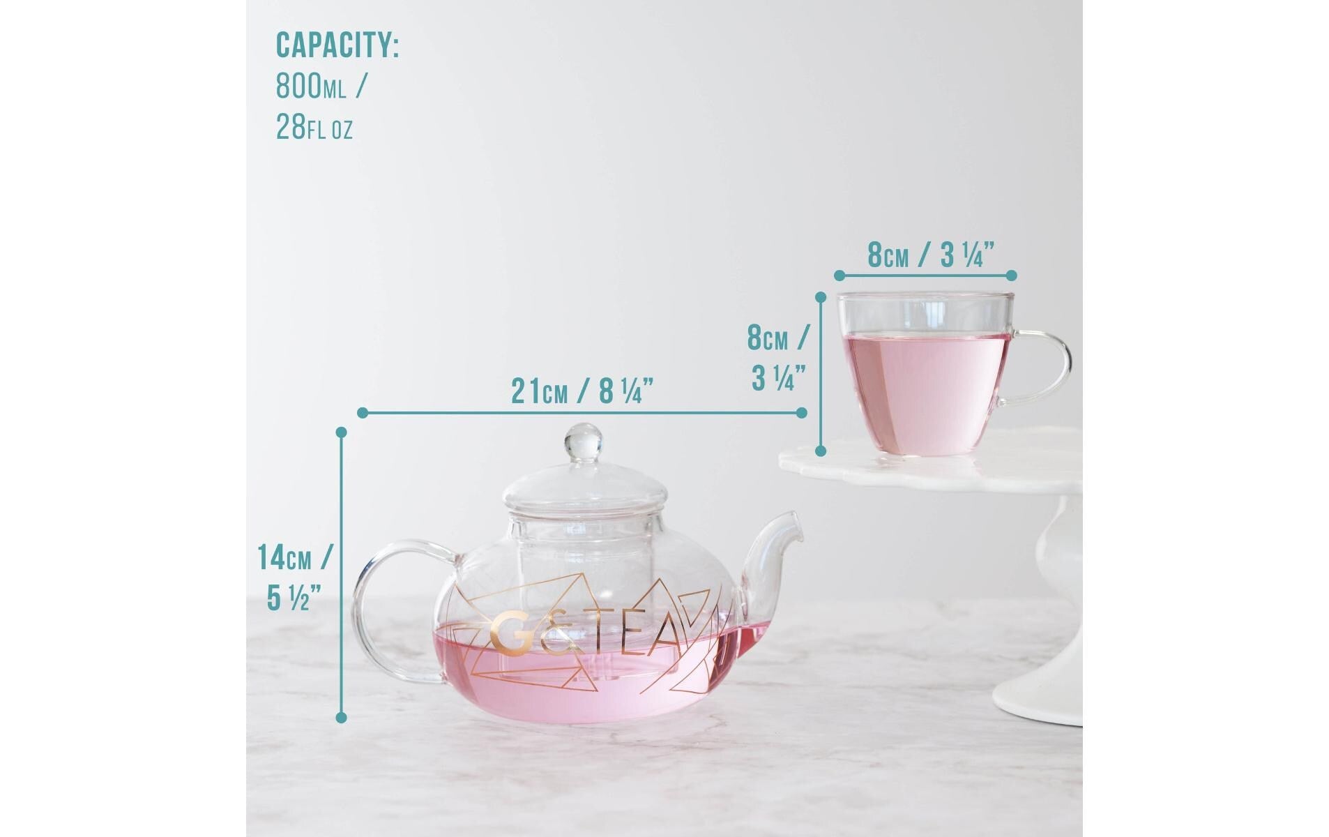 Oak & Steel Teekannenset – 5-teiliges Set, 0,8 l, Glas, Transparent, mit Scharnierdeckel, für Tee, Gin