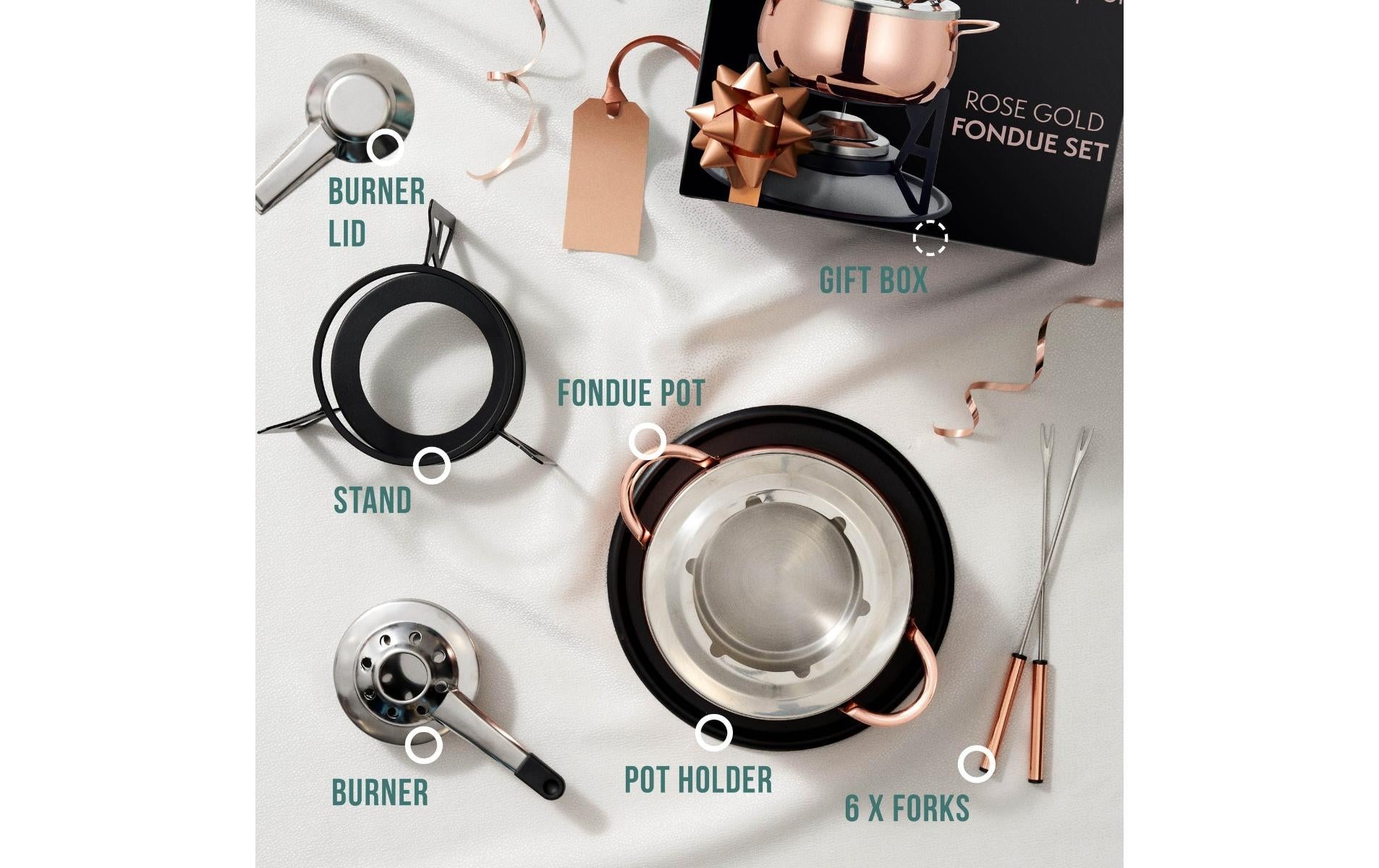 Oak & Steel Fondue-Set – 2 l – Edelstahl – für Schokoladenfondue – Roségold, 6 Personen