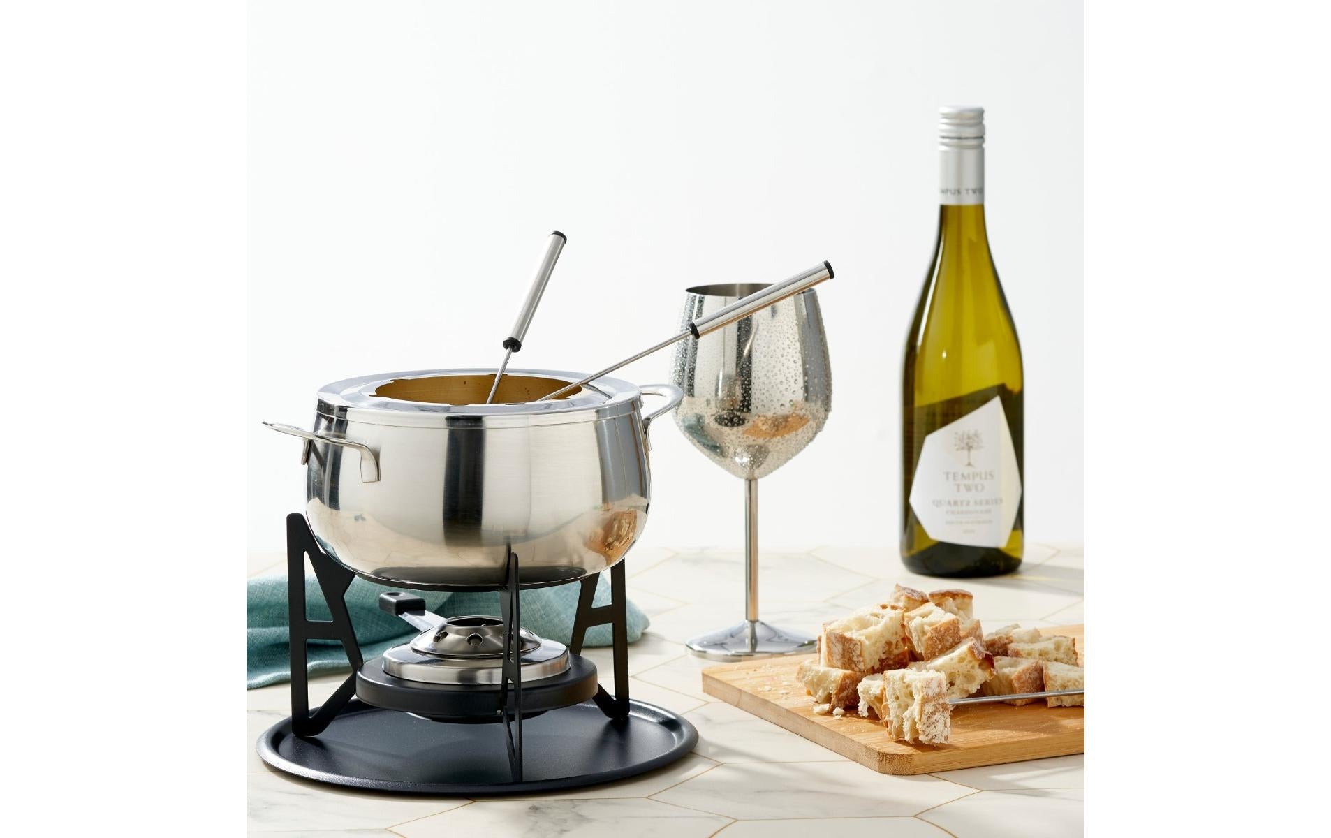 Oak & Steel Fondue-Set – Ø 16 cm, 6 Personen, 11 Teile, Edelstahl, für Käsefondue