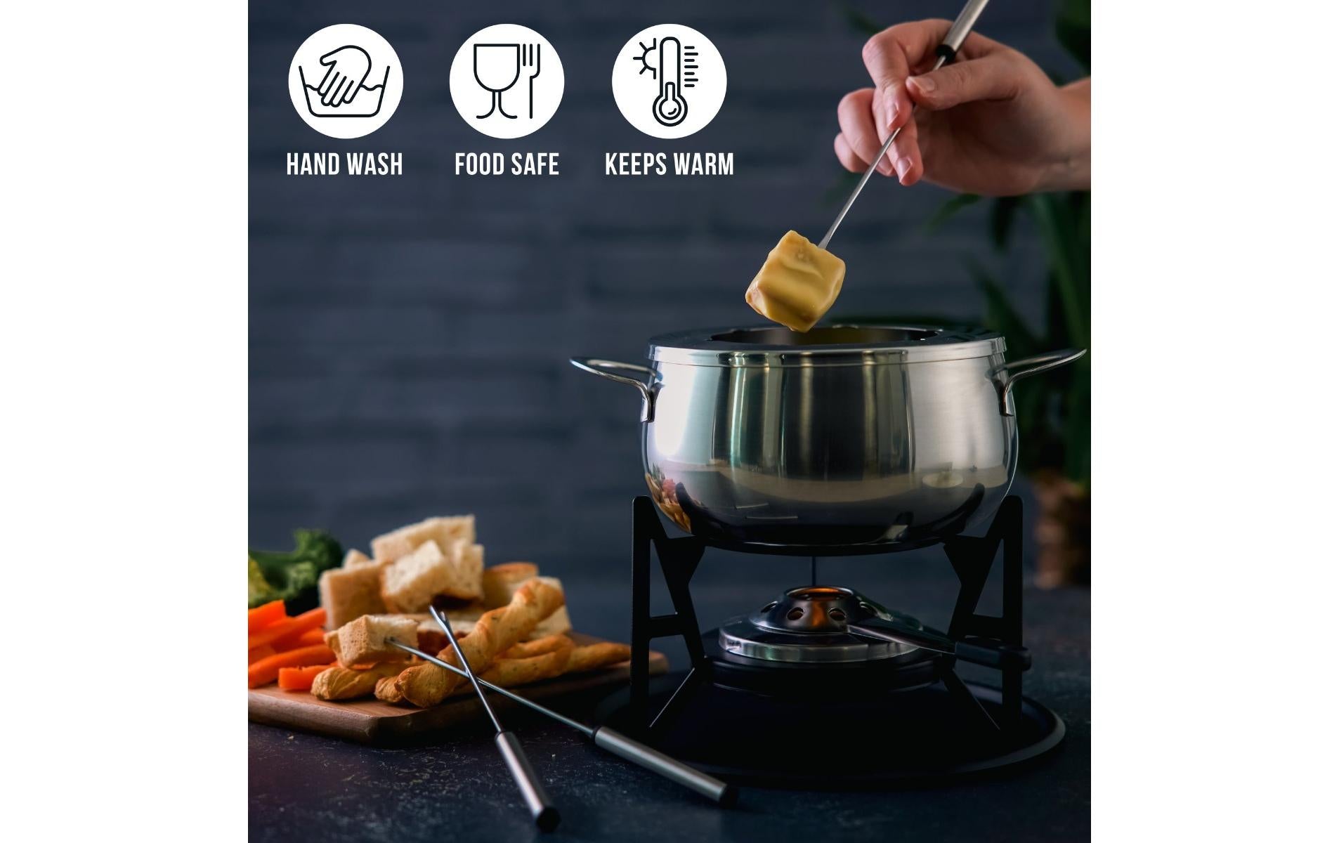 Oak & Steel Fondue-Set – Ø 16 cm, 6 Personen, 11 Teile, Edelstahl, für Käsefondue