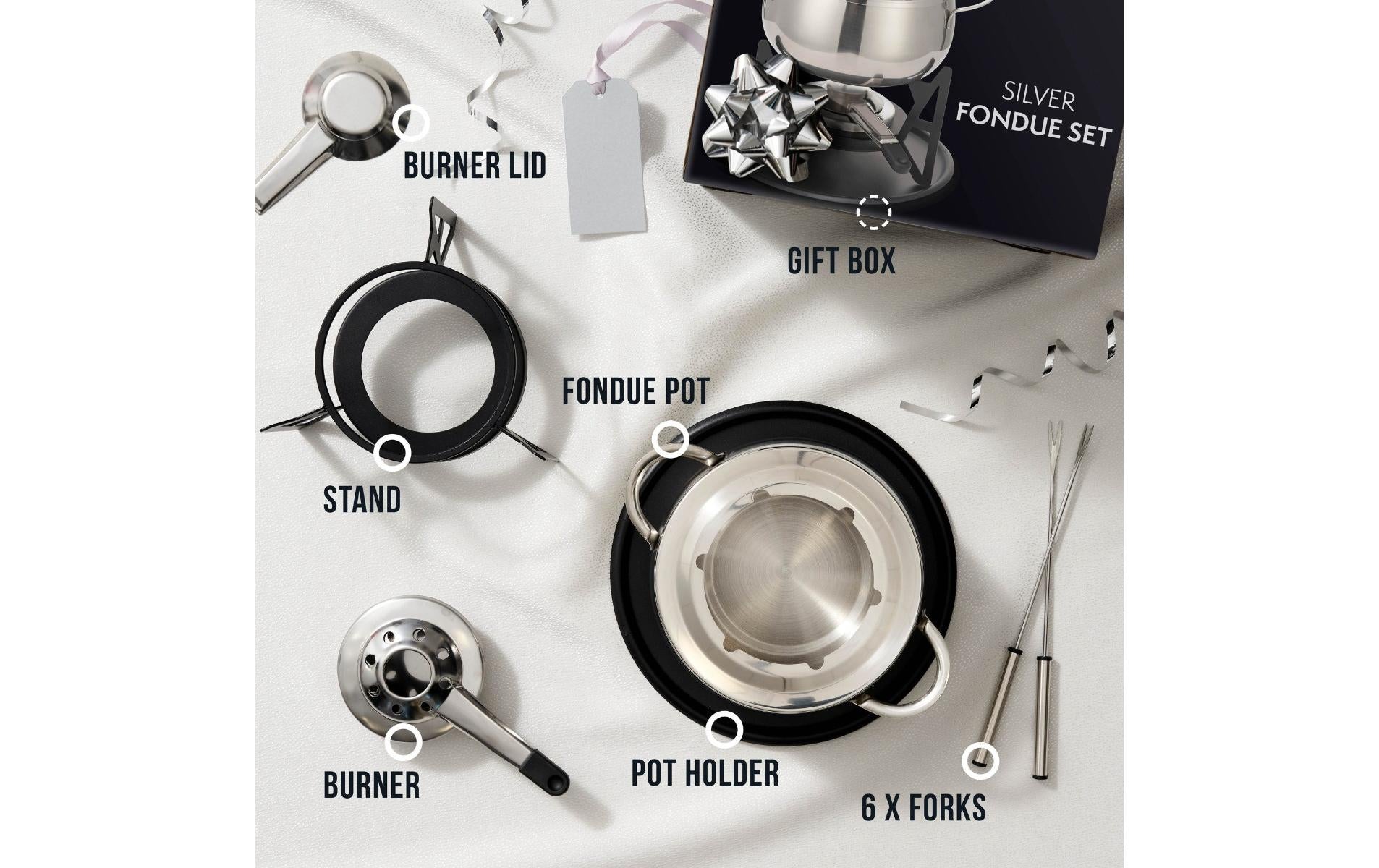 Oak & Steel Fondue-Set – Ø 16 cm, 6 Personen, 11 Teile, Edelstahl, für Käsefondue