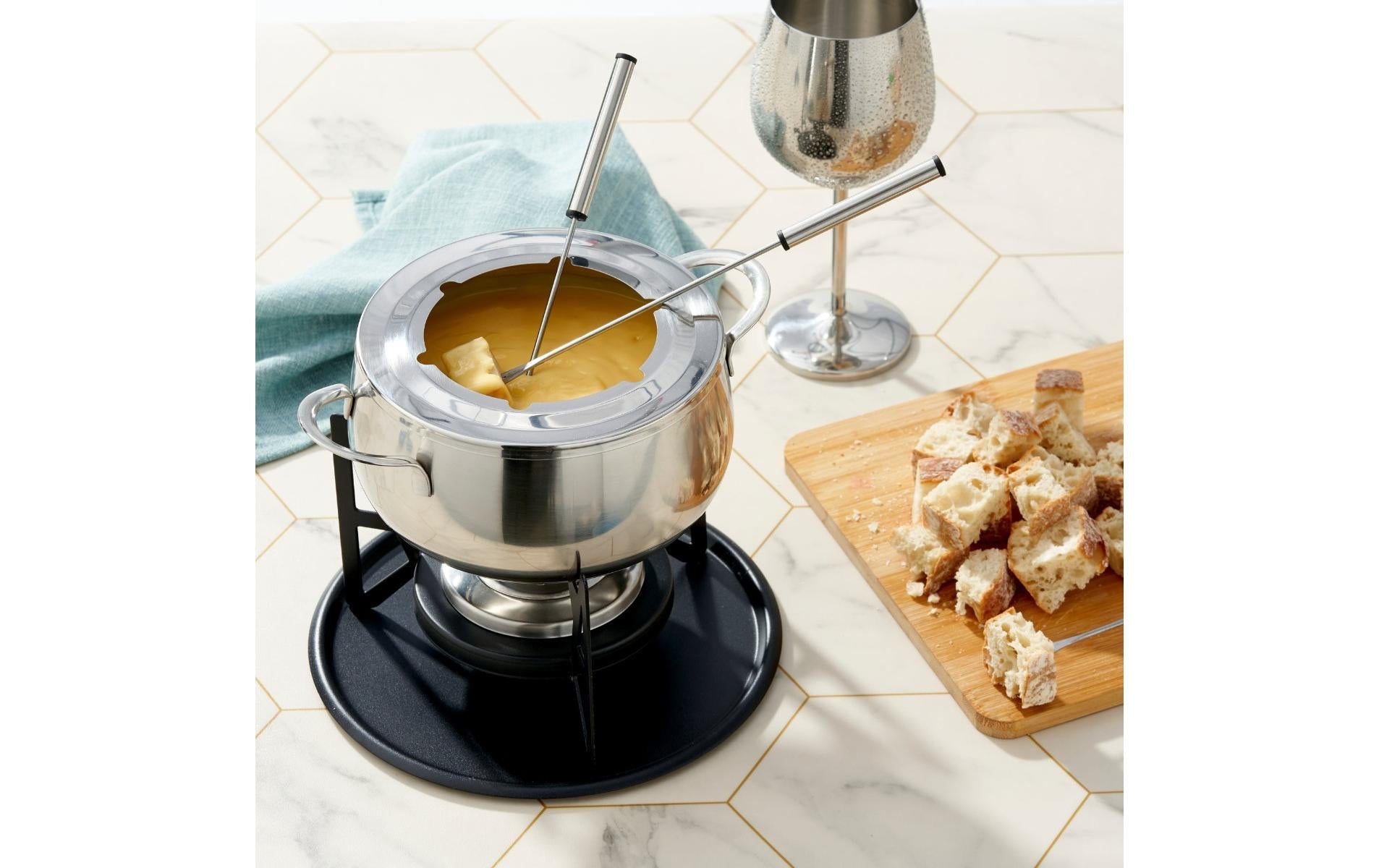 Oak & Steel Fondue-Set – Ø 16 cm, 6 Personen, 11 Teile, Edelstahl, für Käsefondue