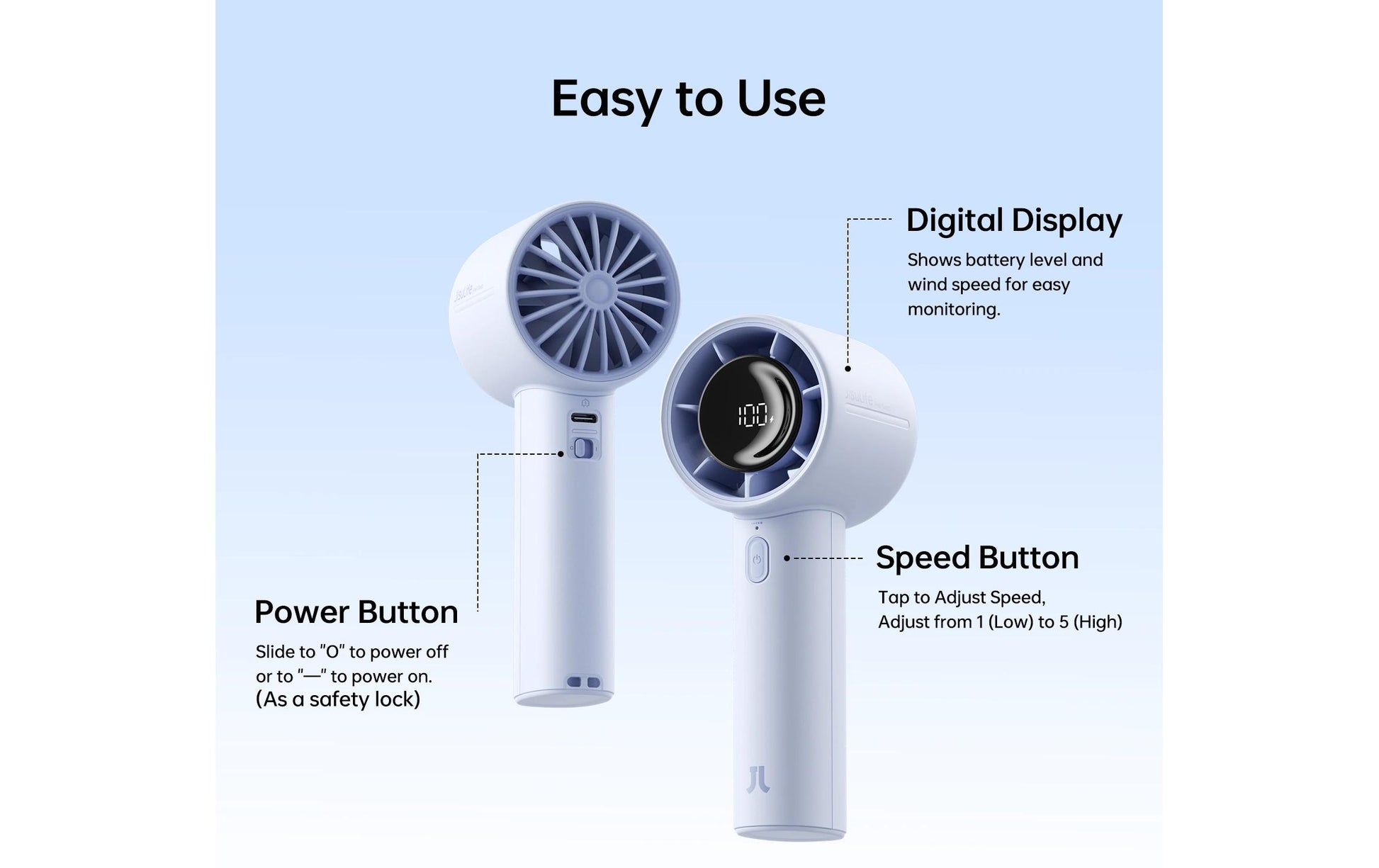 Jisulife Handventilator Life10S – 5 Stufen, 5000 mAh, USB-C, Blau