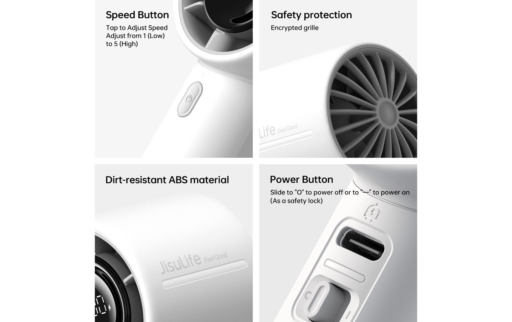 Jisulife Handventilator Life10S – 5 Stufen, 5000 mAh, USB-C, Grau