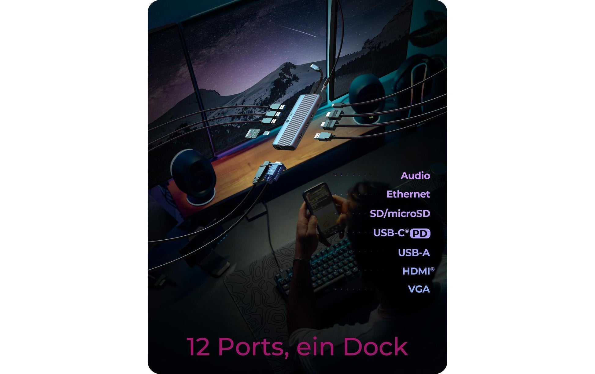 RaidSonic ICY BOX IB-DK4062-CPD Dockingstation – USB-C, 2× HDMI, 1× VGA, 3× USB-A, 1× USB-C, 100 W PD, Fast Ethernet, SD